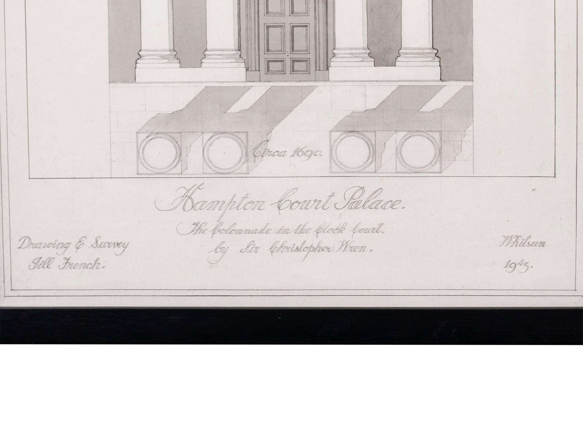 Framed architectural survey drawing of the colonnade at Hampton Court Palace by Jill French, 1943. 

The drawing is in exceptional condition and is beautifully detailed. 
