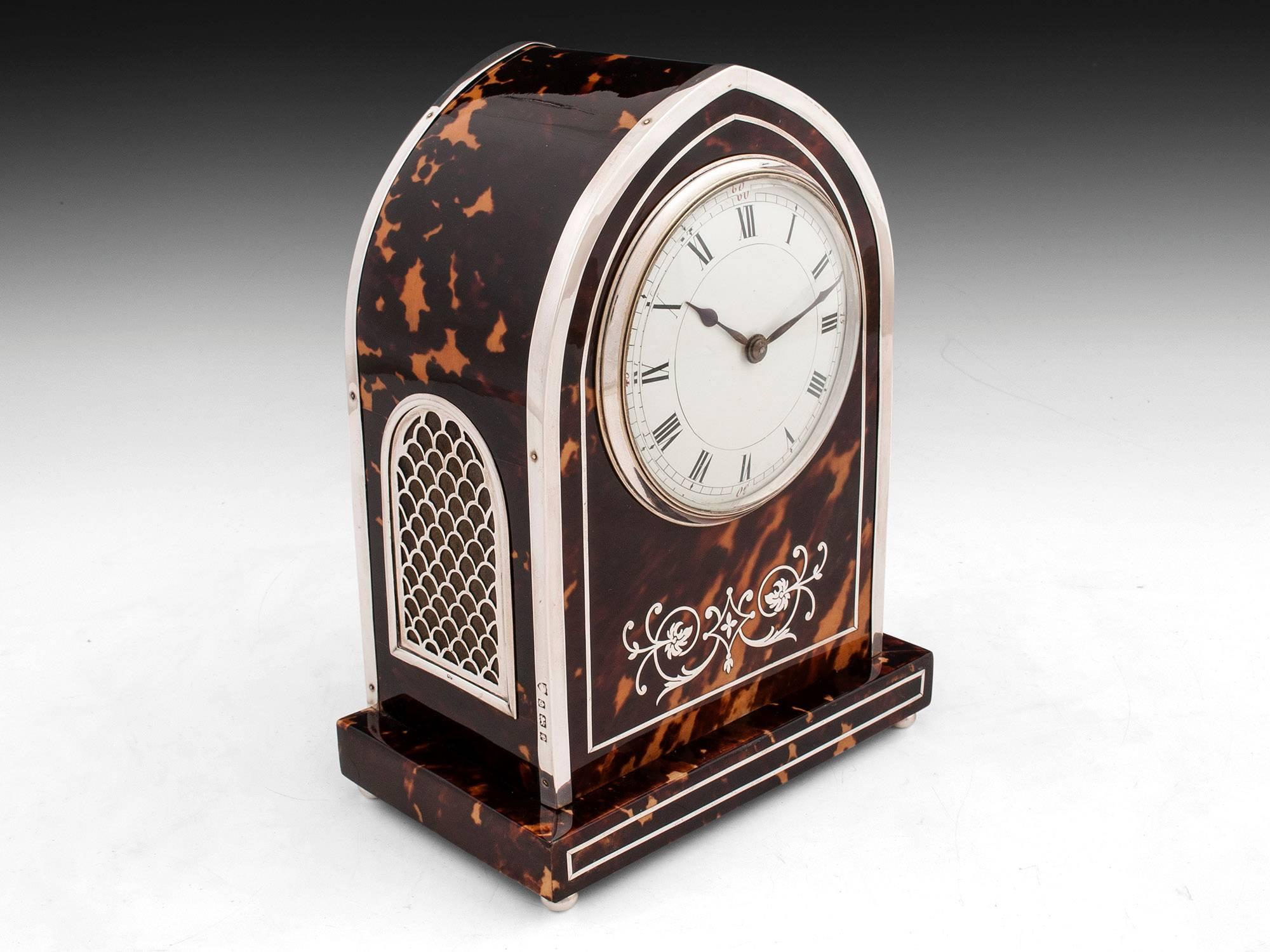 British Edwardian Tortoiseshell and Silver Mantle Clock For Sale