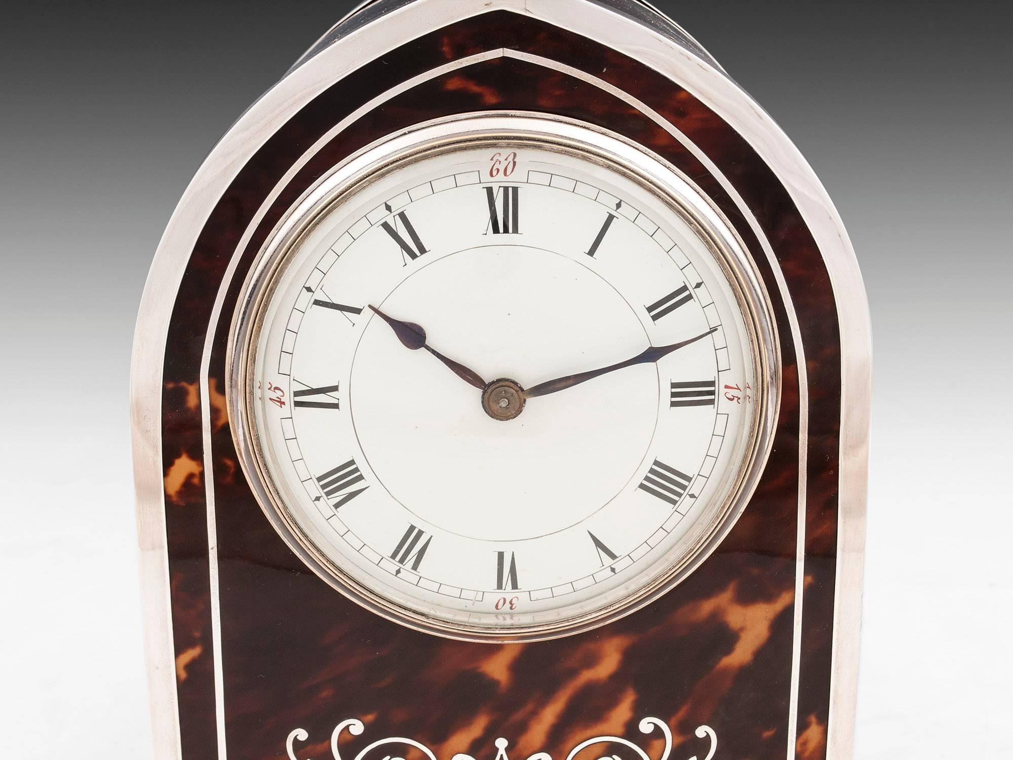 Edwardian Tortoiseshell and Silver Mantle Clock In Excellent Condition For Sale In Northampton, United Kingdom