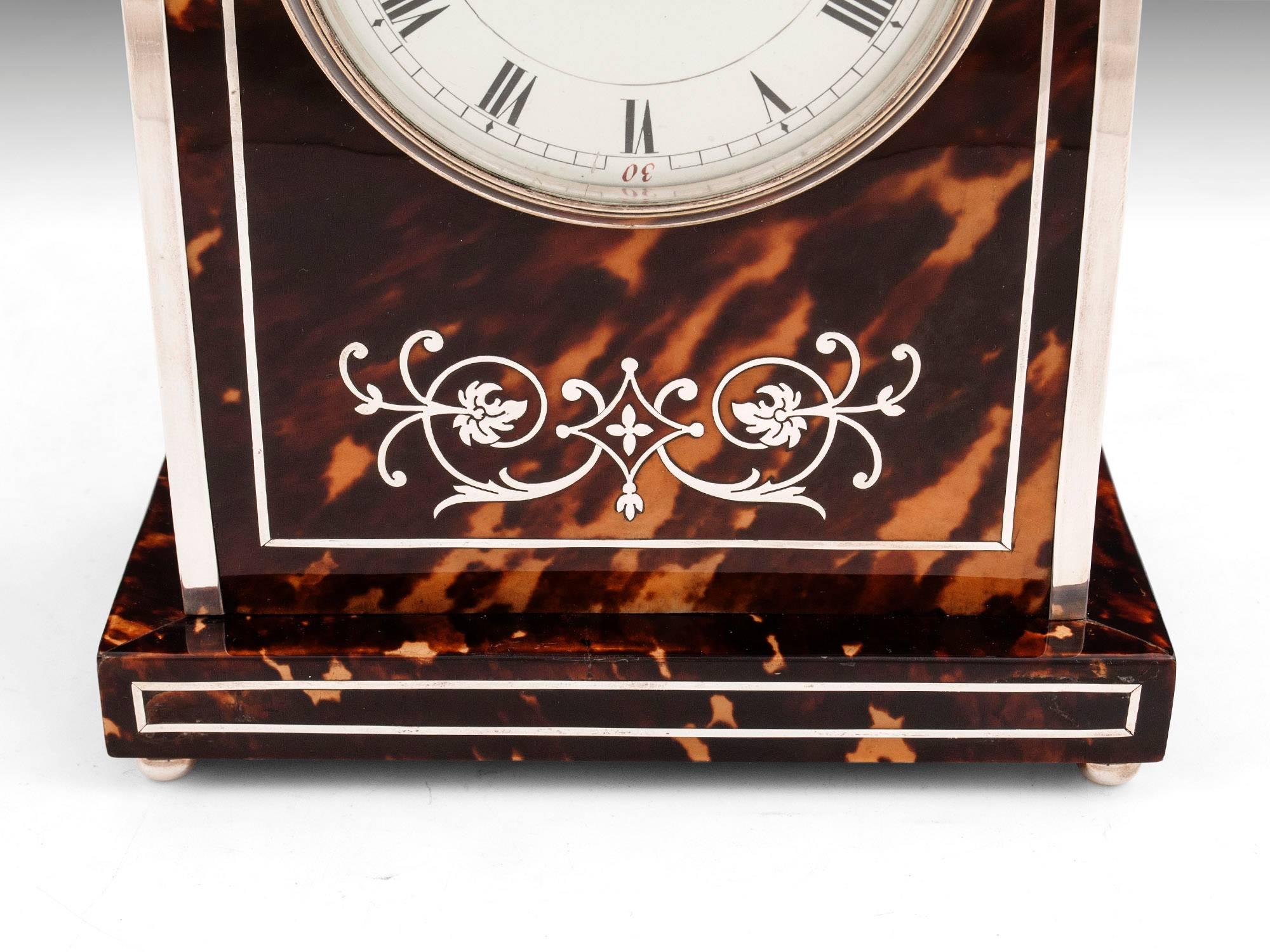 Edwardian Tortoiseshell and Silver Mantle Clock For Sale 1
