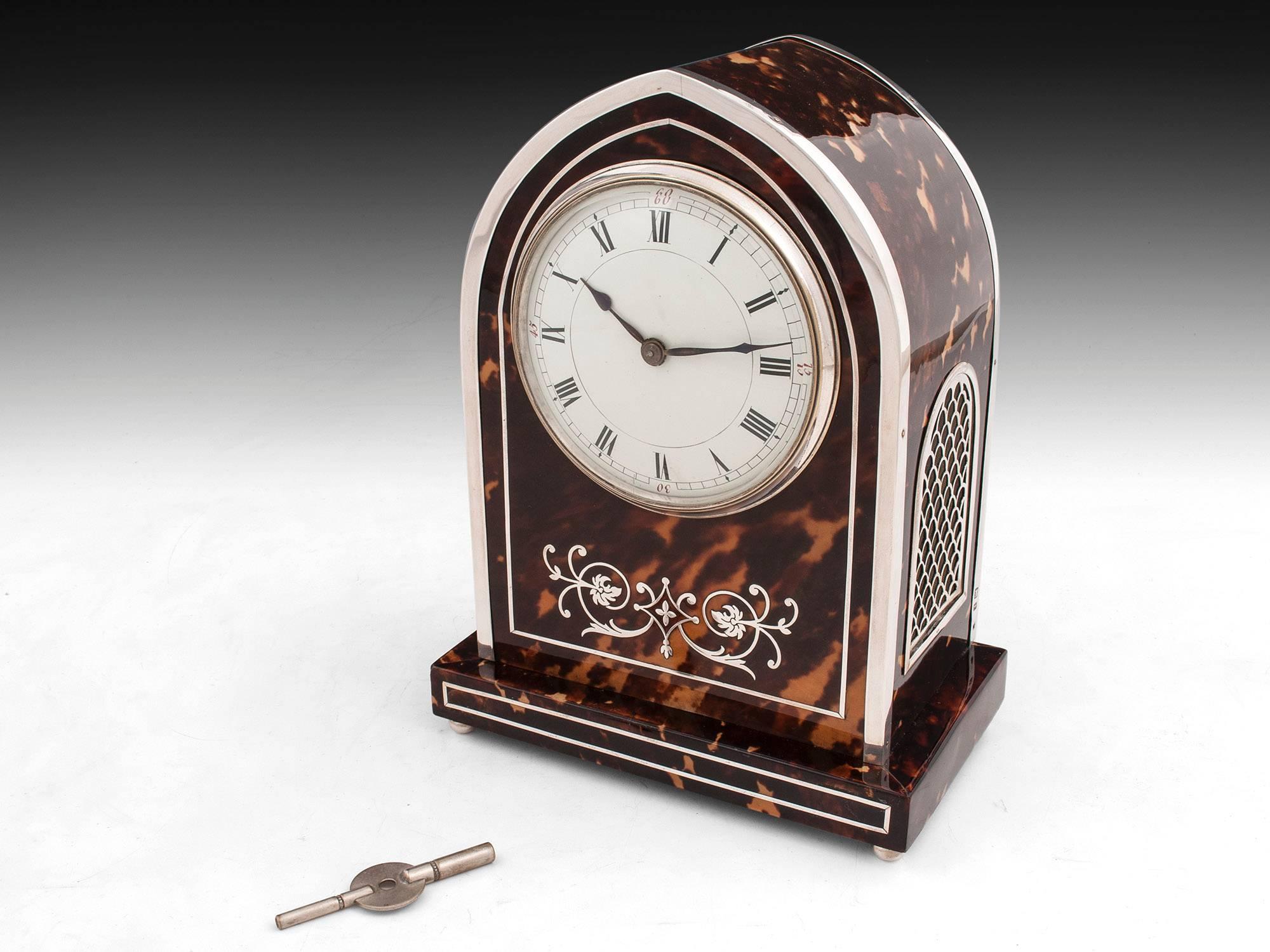 Edwardian Tortoiseshell and Silver Mantle Clock For Sale 4