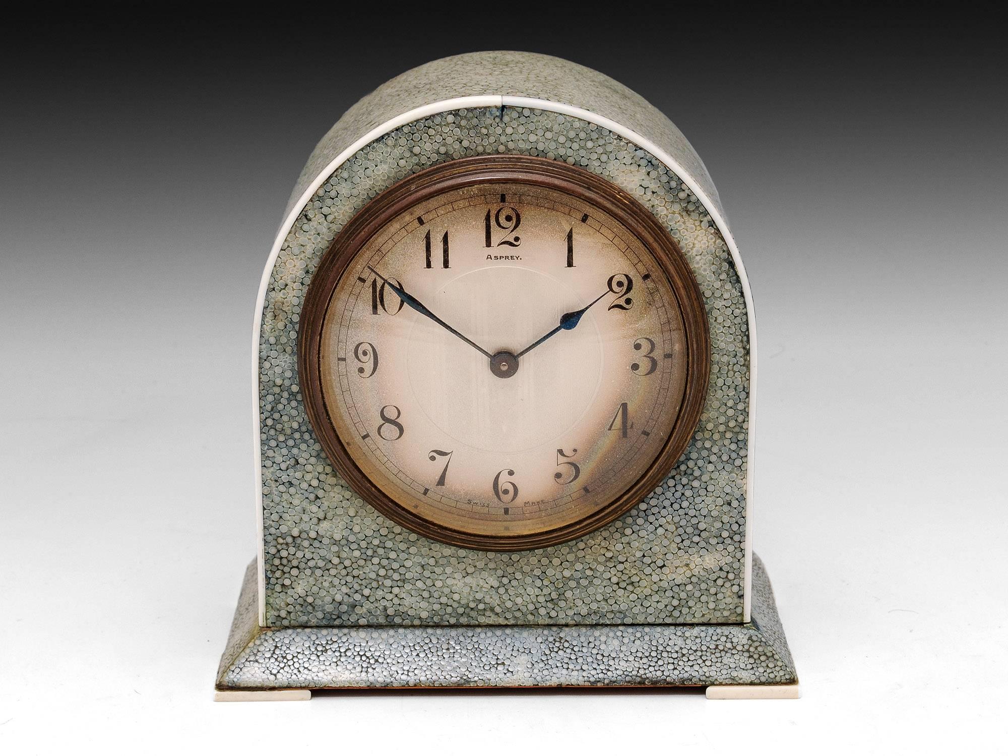 Art Deco Asprey Shagreen Clock In Excellent Condition In Northampton, United Kingdom
