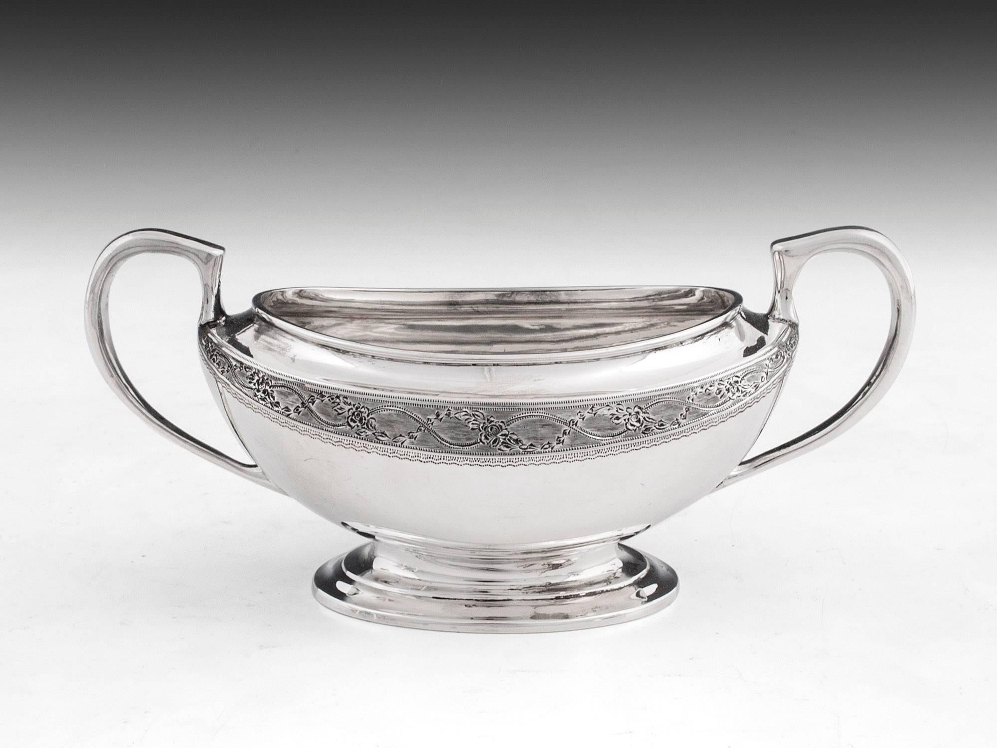 Silver tea set with ebonized handles, by London Silversmiths Hawksworth, Eyre & Co Ltd 1927, comprises of tea pot, water jug, milk jug and sugar bowl, all four pieces are superbly made. 

Dimensions: 
Water jug: H 8.5
