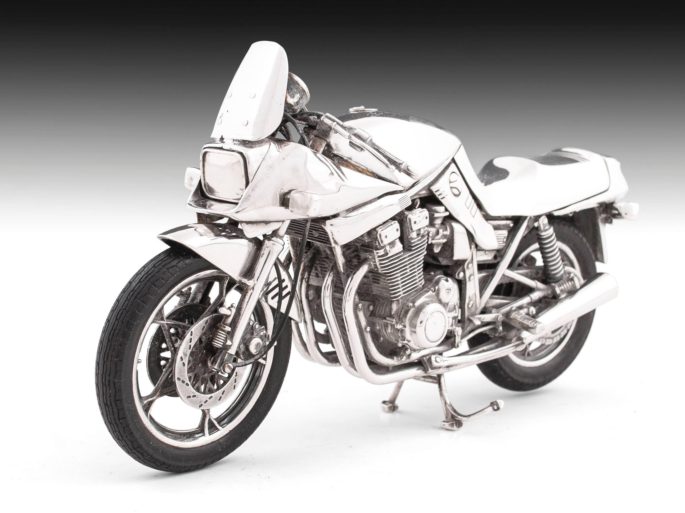 Suzuki Katana motorcycle of the late 1970s made of sterling silver in Arezzo, Italy. 

It has exquisite attention to detail with rubber wheels and features moving handlebars and wheels. 