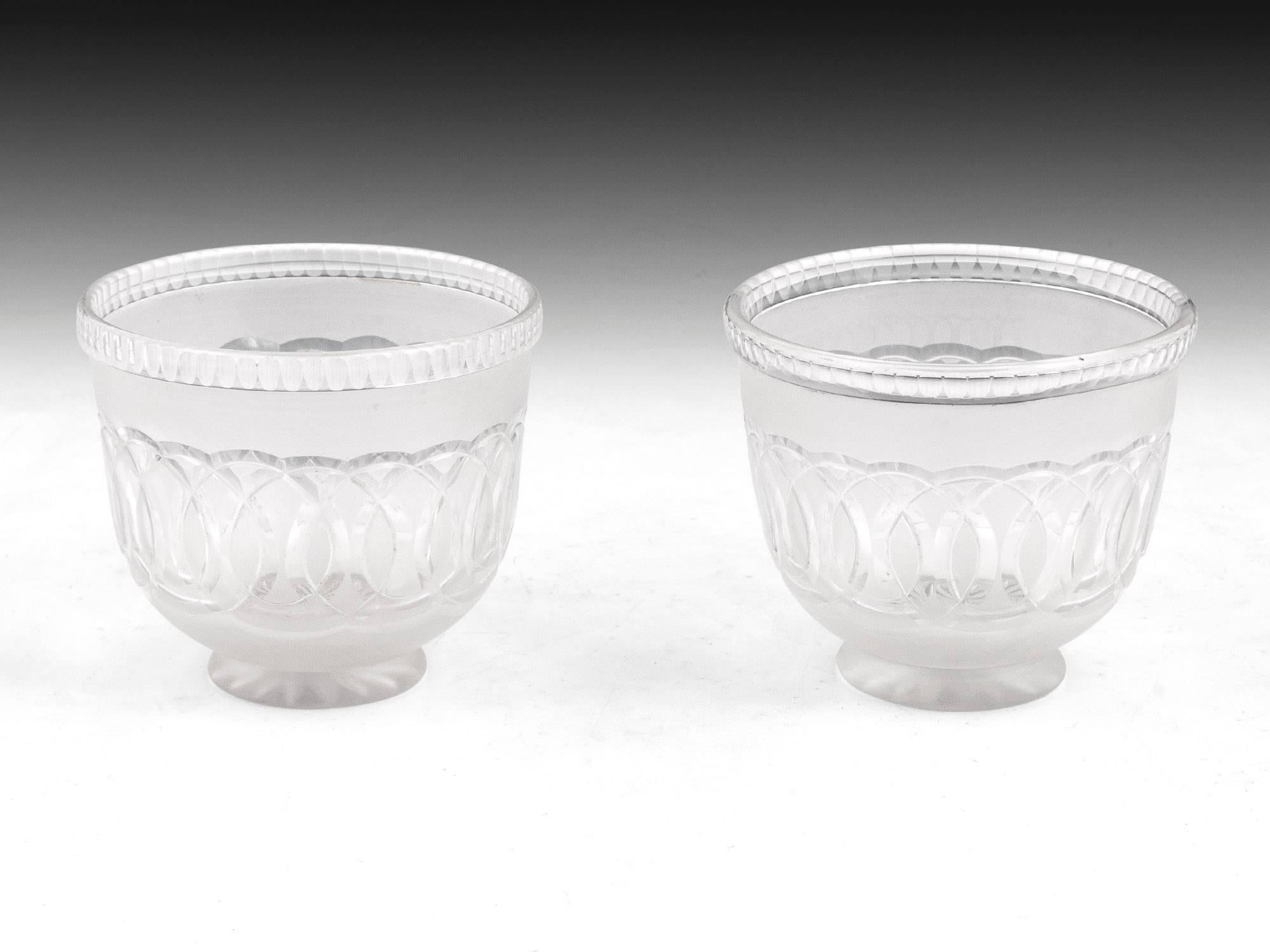 Pair of Regency cut-glass tea caddy mixing bowls with interesting linked circle engraving.