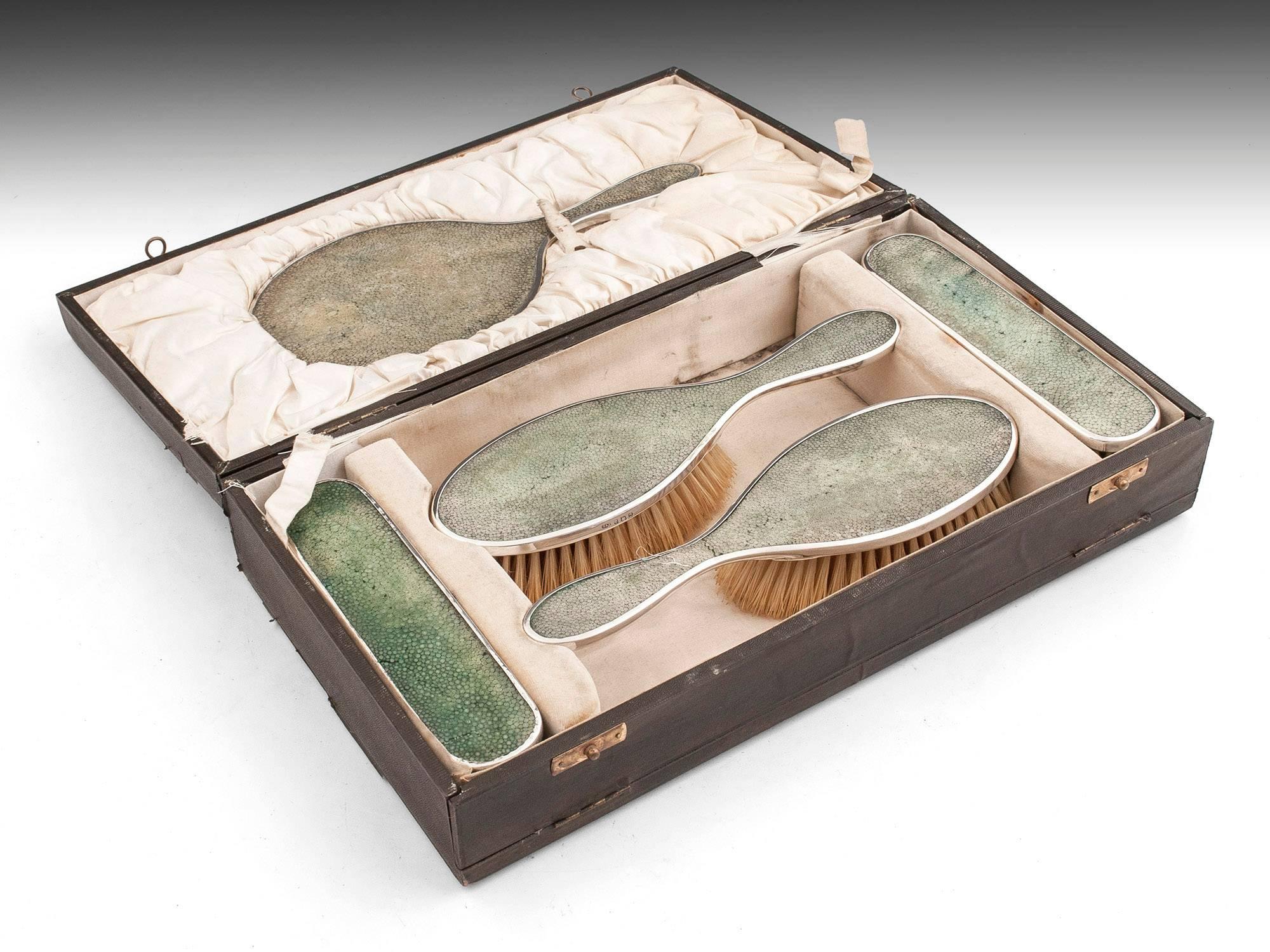 Art Deco Shagreen Brush and Mirror Dresser Set by Horton & Allday For Sale 3