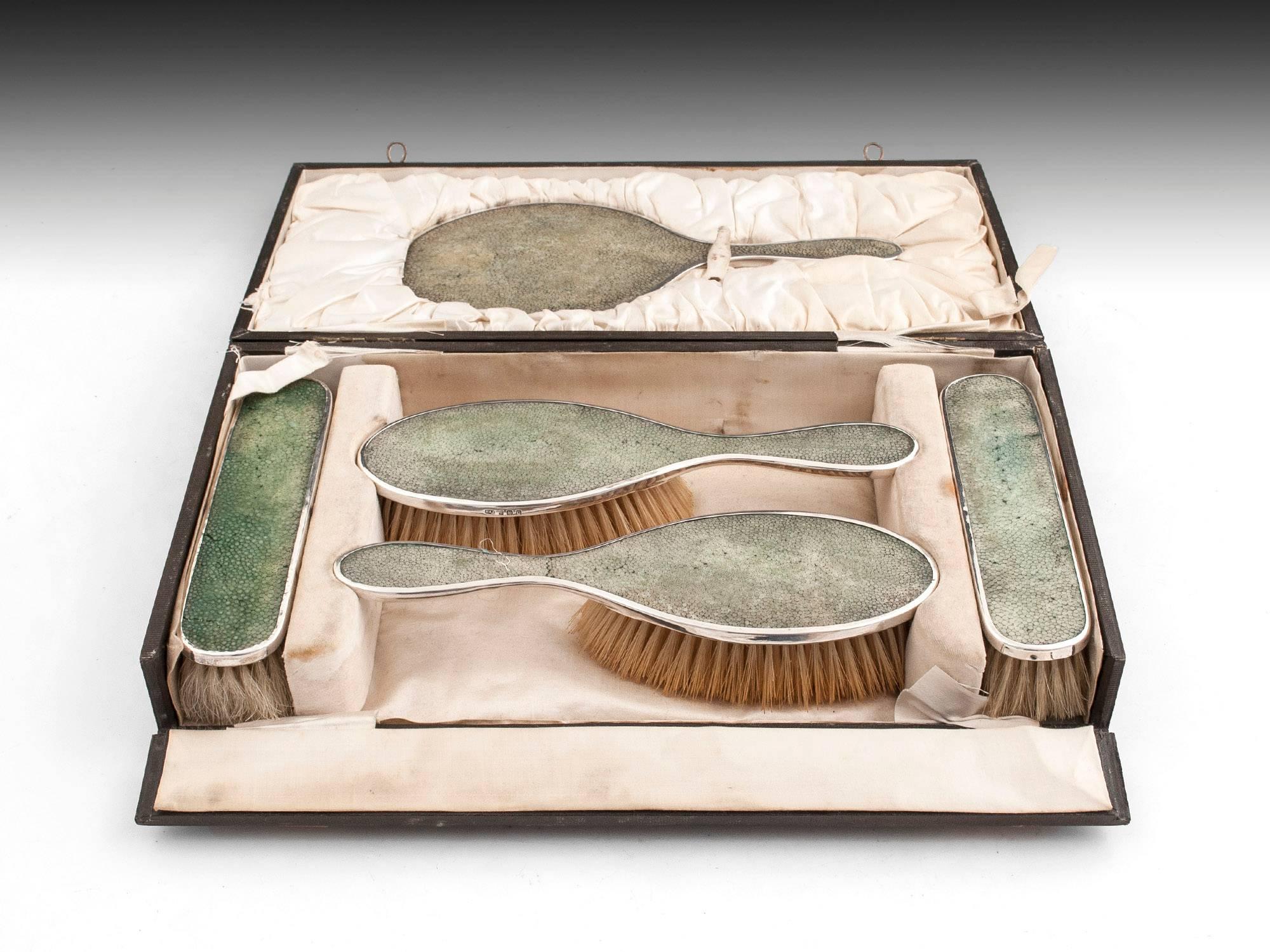 Art Deco Shagreen Brush and Mirror Dresser Set by Horton & Allday For Sale 4