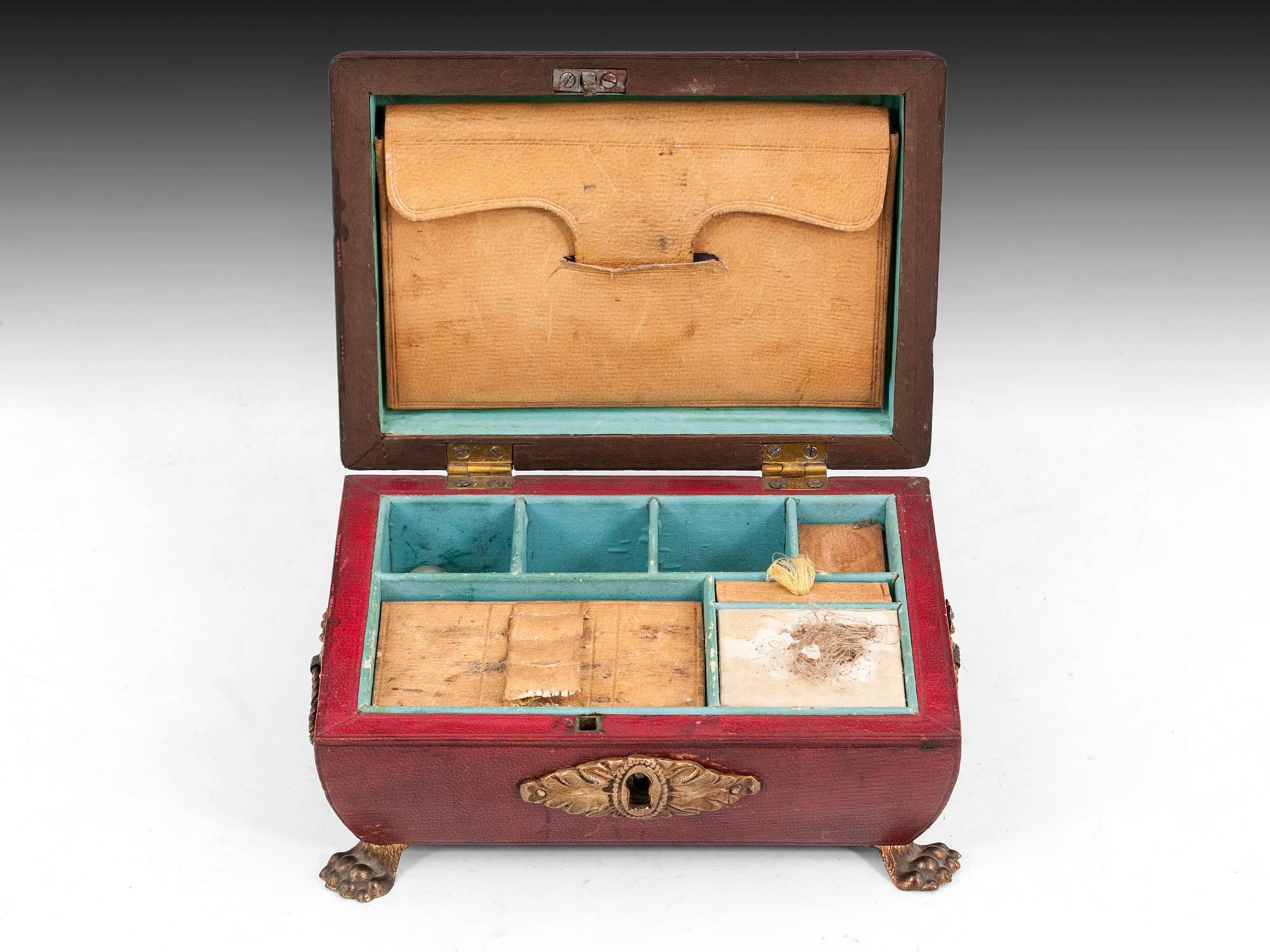 British Antique Miniature Regency Red Leather Sewing Box