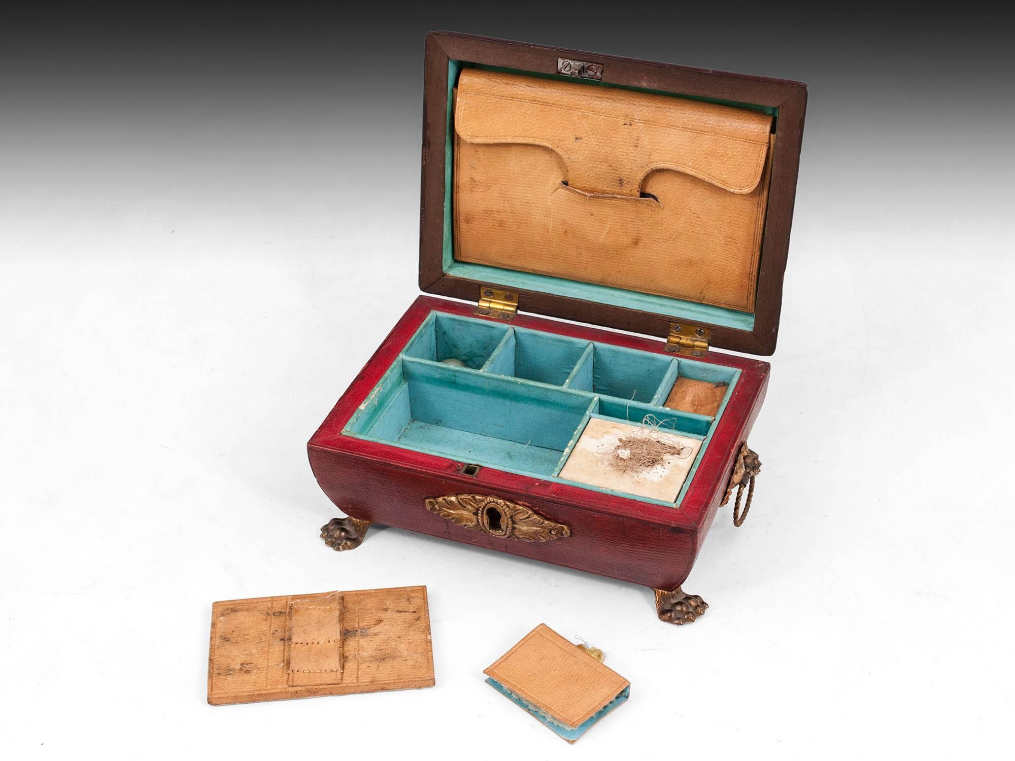 19th Century Antique Miniature Regency Red Leather Sewing Box