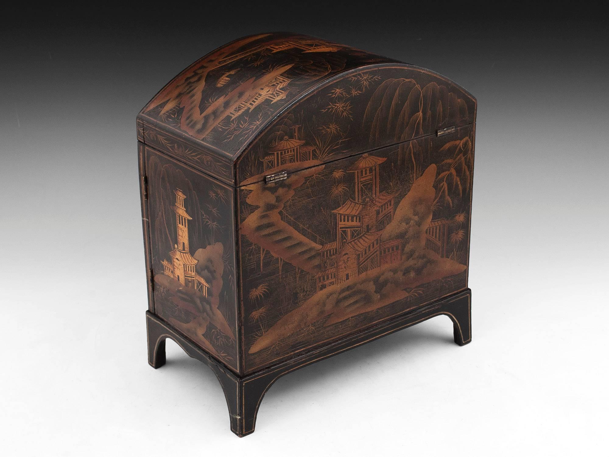 Regency Antique 19th Century Japanned Chinoiserie Sewing Cabinet For Sale