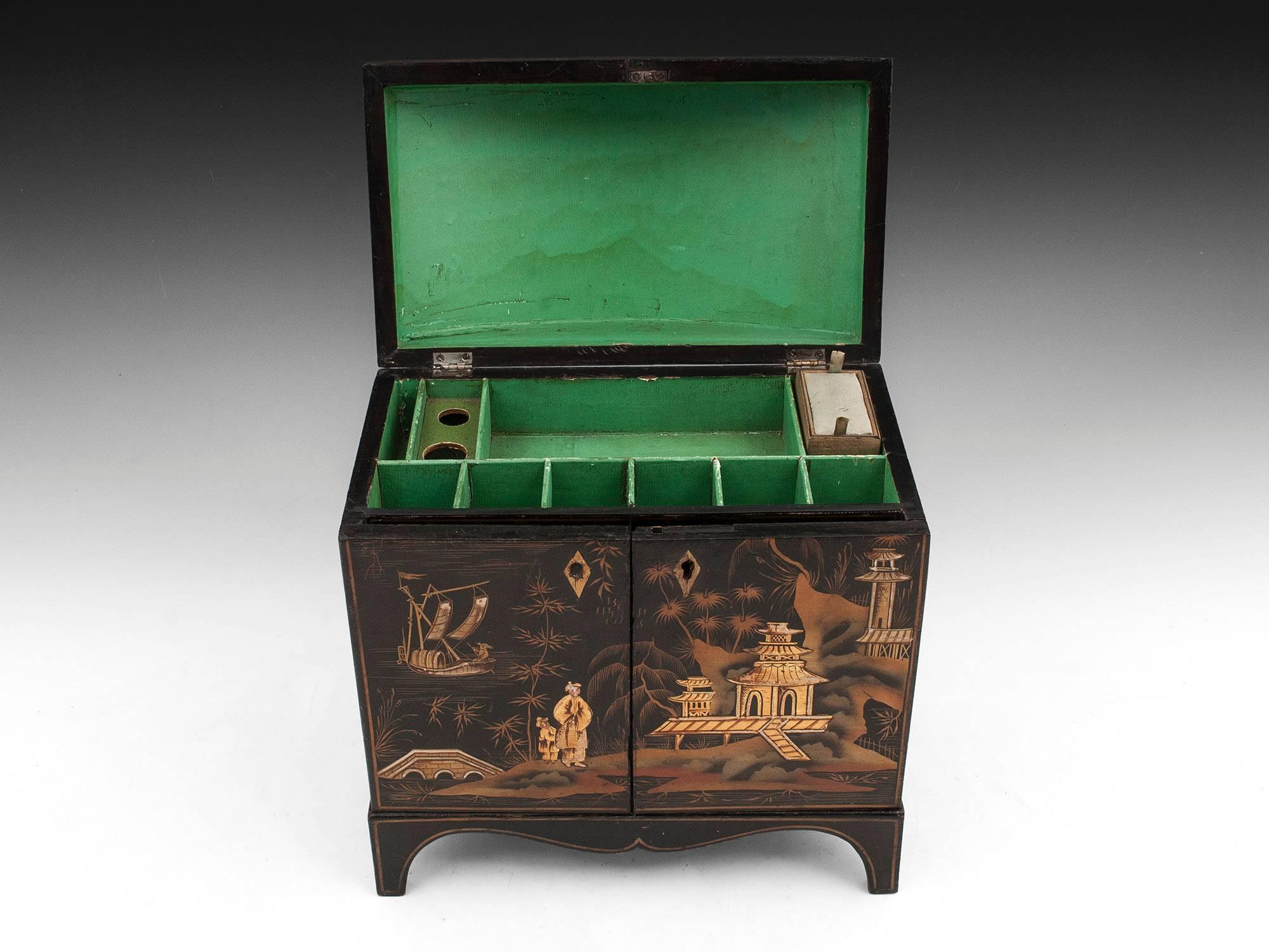 Chinese Antique 19th Century Japanned Chinoiserie Sewing Cabinet For Sale