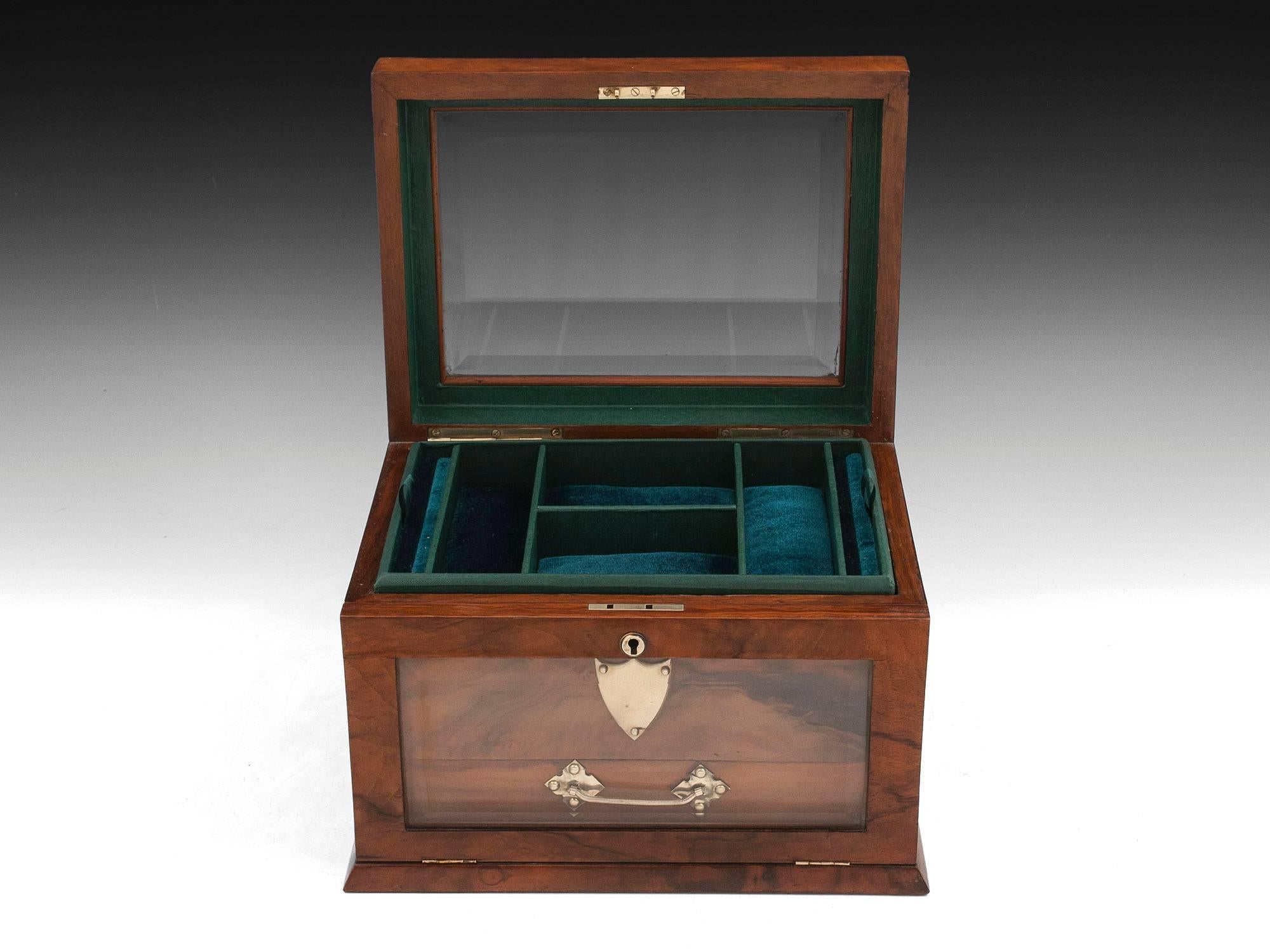 19th Century Antique Glazed Walnut Jewellery Box