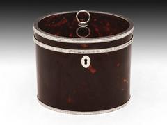 Rare Antique Red Tortoiseshell and Silver Oval Tea Caddy