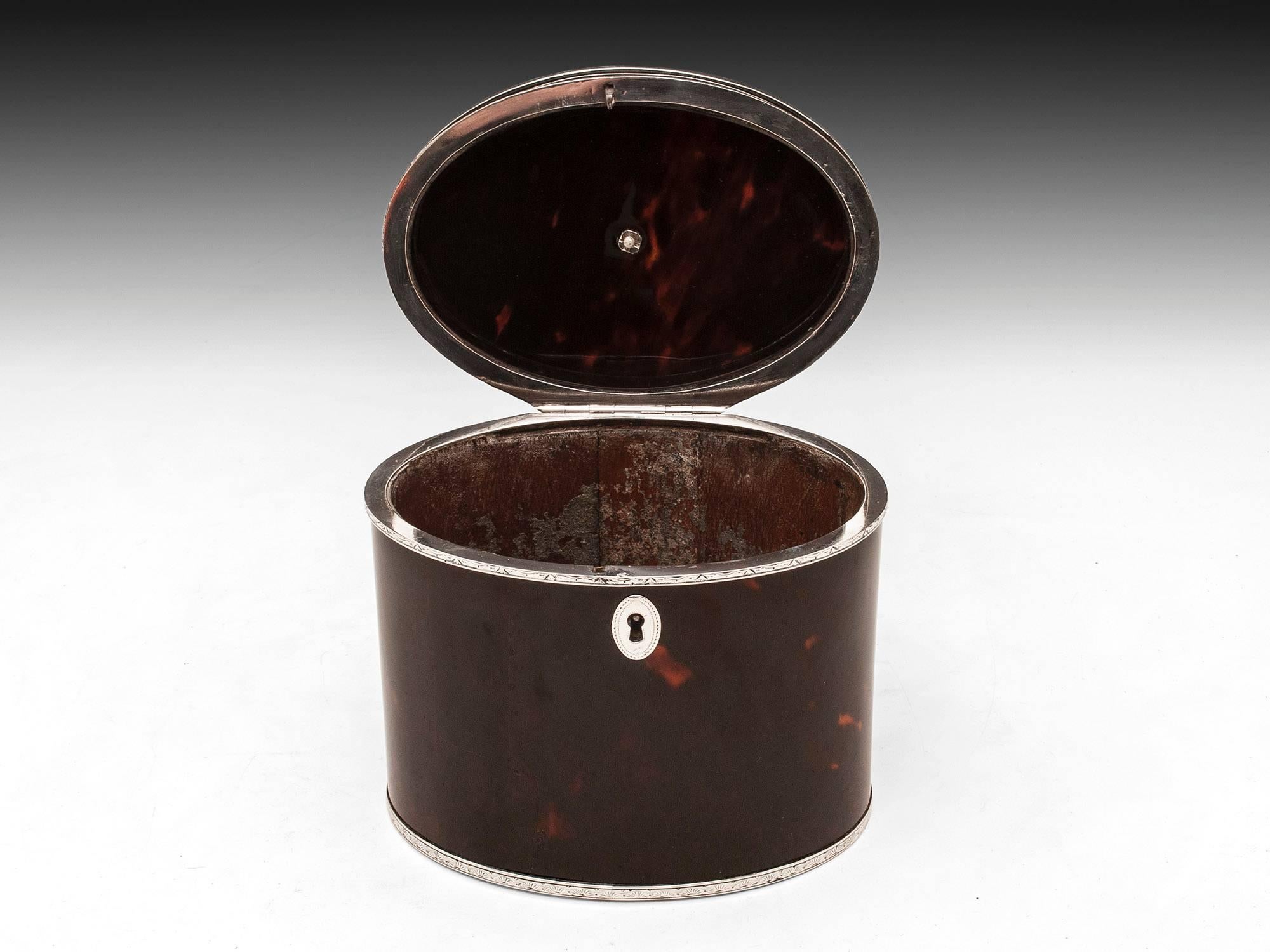 George II Rare Antique Red Tortoiseshell and Silver Oval Tea Caddy For Sale