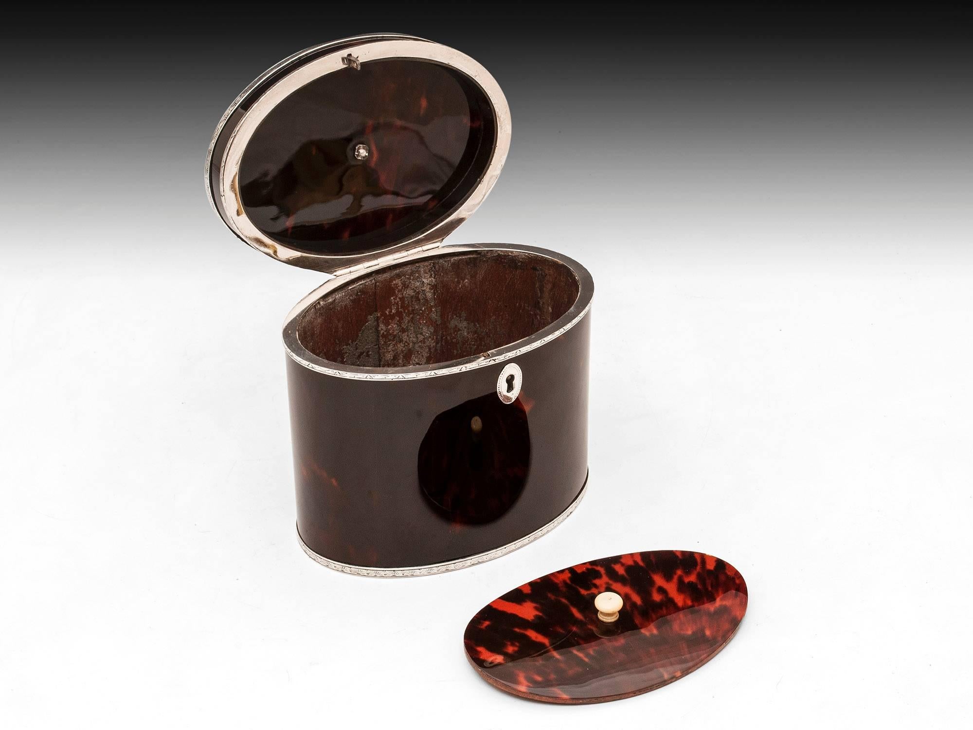 Rare Antique Red Tortoiseshell and Silver Oval Tea Caddy In Excellent Condition For Sale In Northampton, United Kingdom