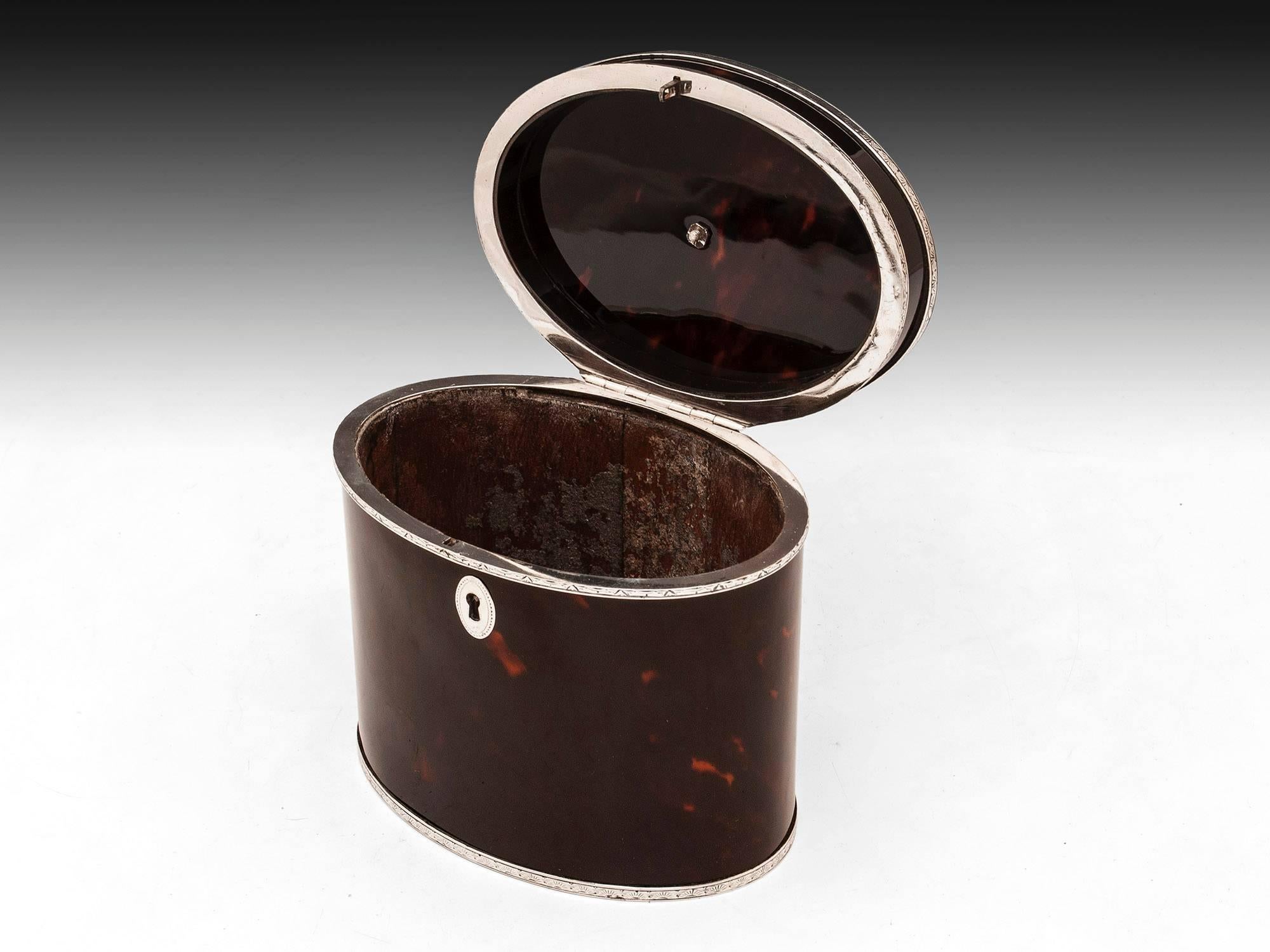 British Rare Antique Red Tortoiseshell and Silver Oval Tea Caddy For Sale