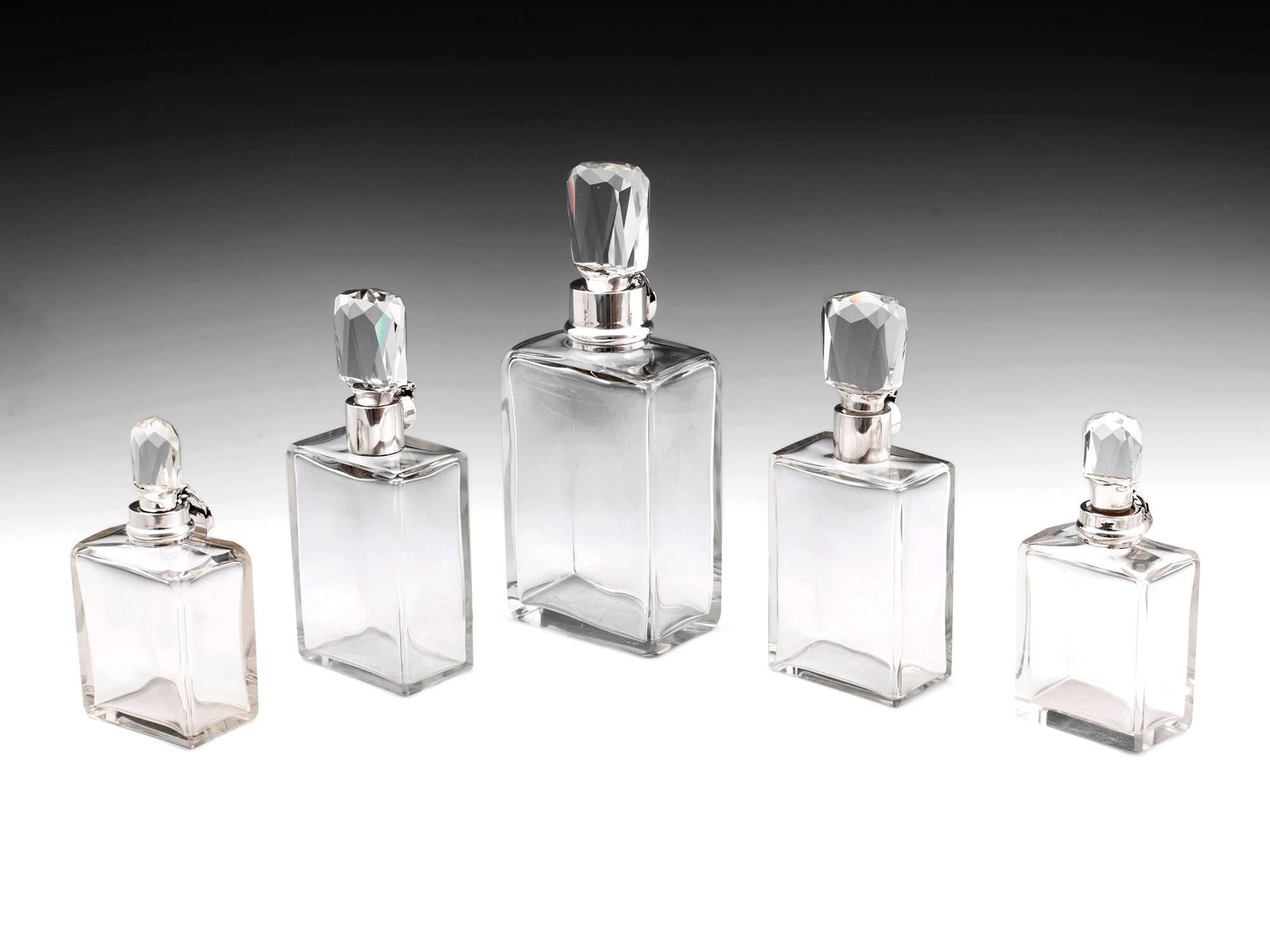 British Art Deco Silver Collared Glass Decanters by Hukin & Heath For Sale
