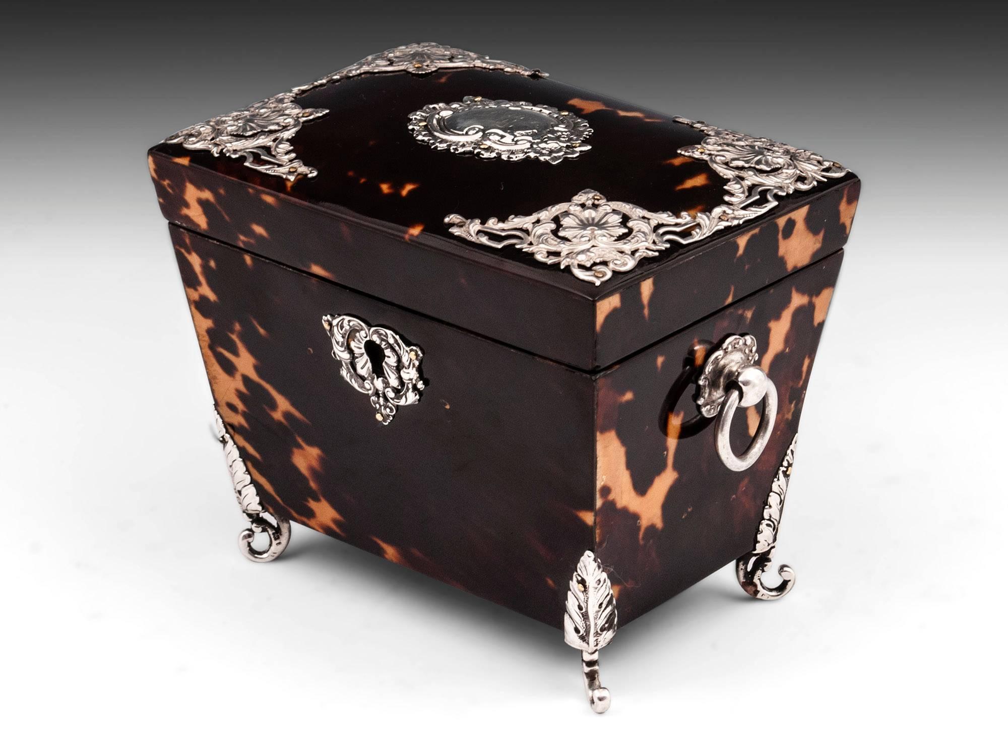 British Antique Tortoiseshell and Silver Tea Caddy