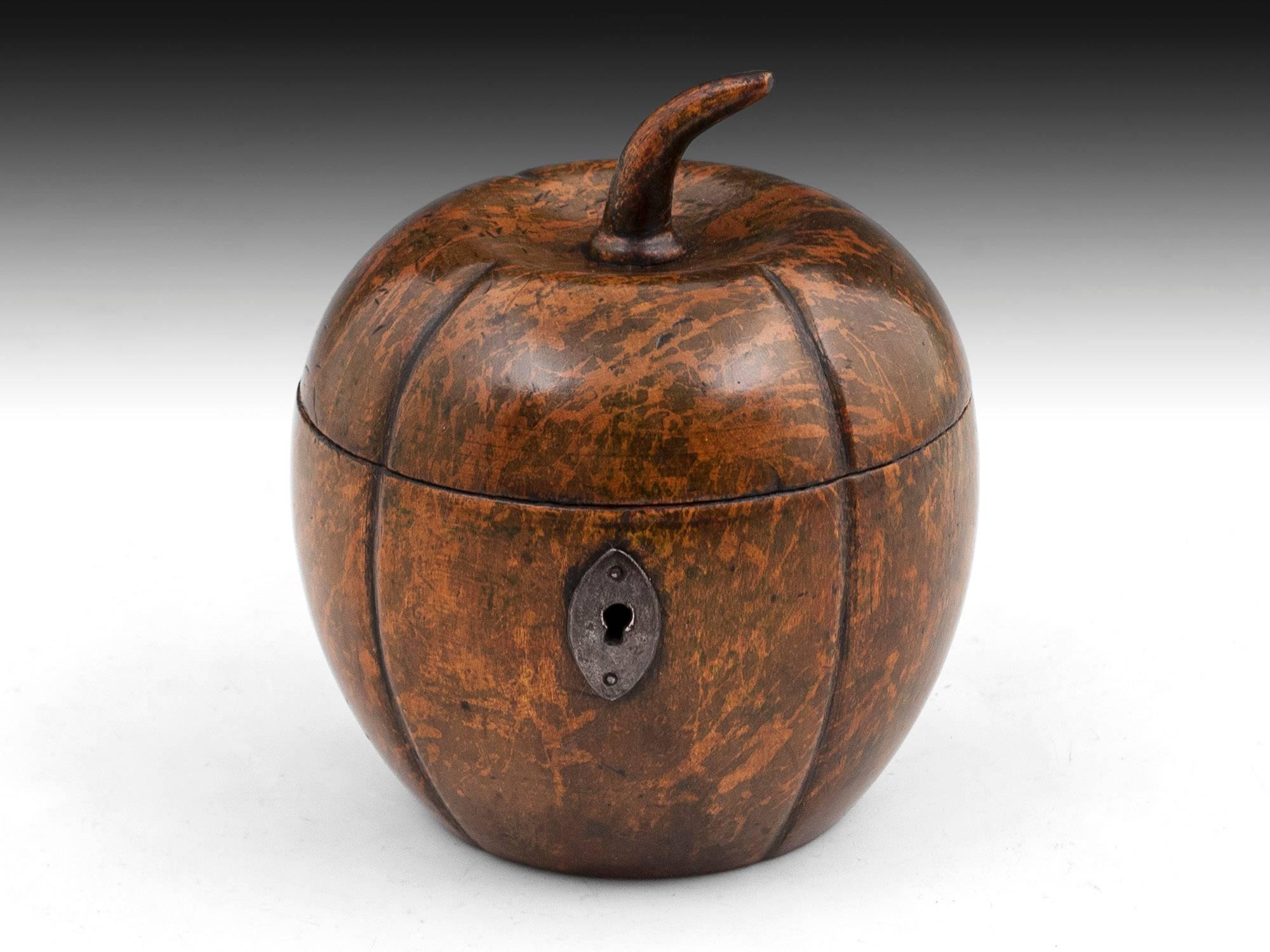 Fruitwood Melon Tea Caddy with a fantastic green and brown mottled decoration and superb patination. Featuring a steel lock, hinge and escutcheon. 

Melon tea caddies are much rarer and more sought after of the fruit tea caddies, patination and