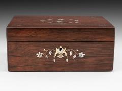 Antique Victorian Figured Rosewood and Mother of Pearl Jewellery Box