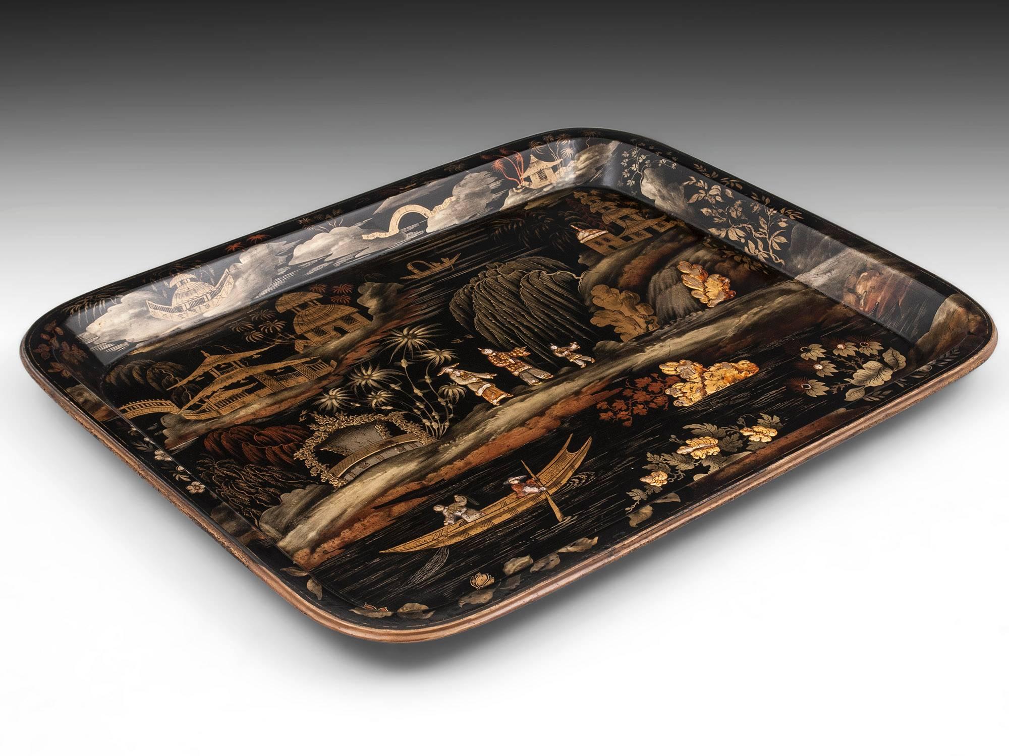 Beautiful papier mâché tray by Henry Clay with chinioserie scenes featuring embossed details. The attention to detail is exquisite and typical of Henry Clay. 

Henry Clay produced items ranging from small caddies, trays, knife boxes and dressing