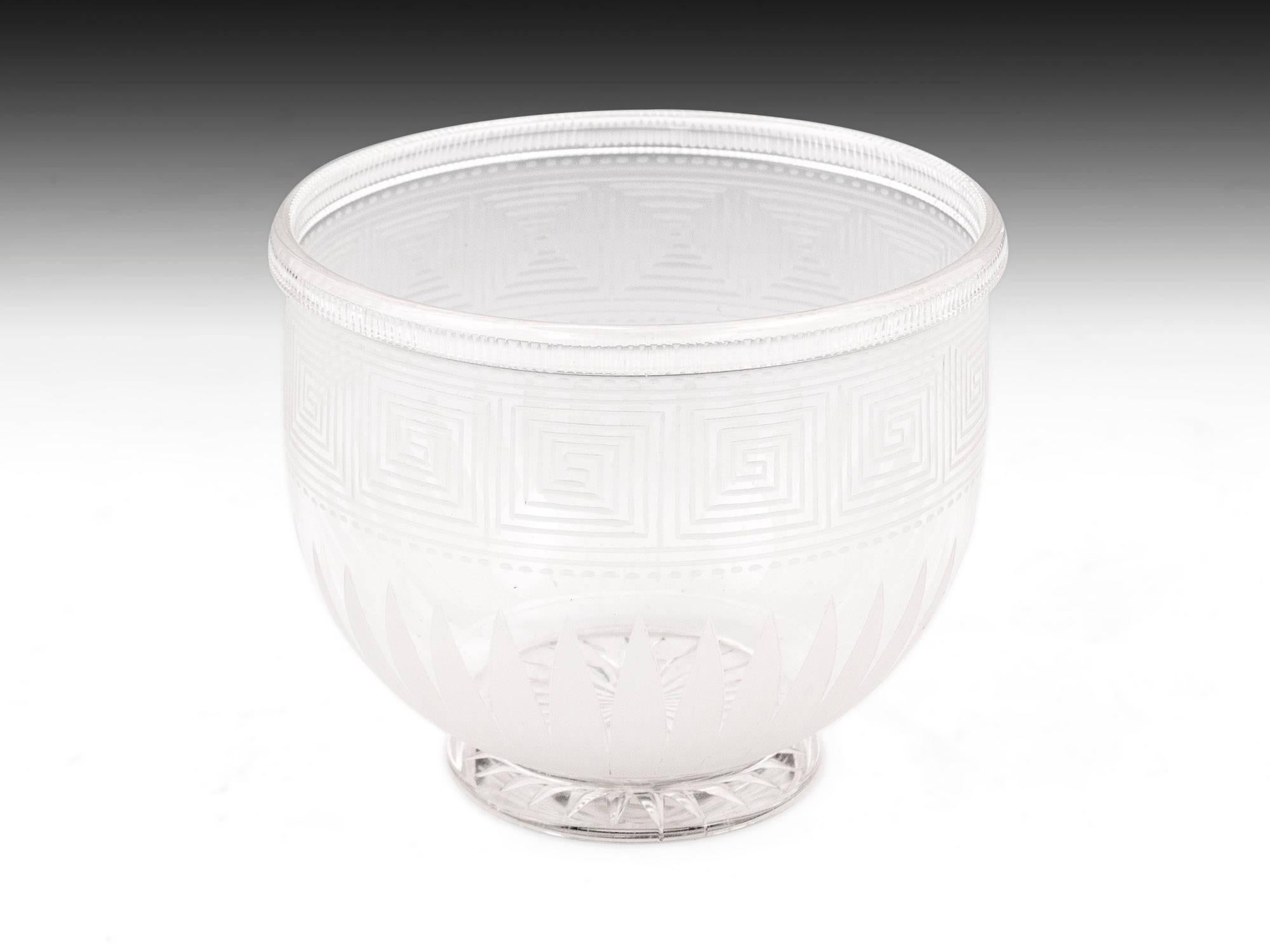 Fine example of a good Regency glass tea caddy bowl with engraved Greek key pattern with frosted leaf with the base having a star cut design. 