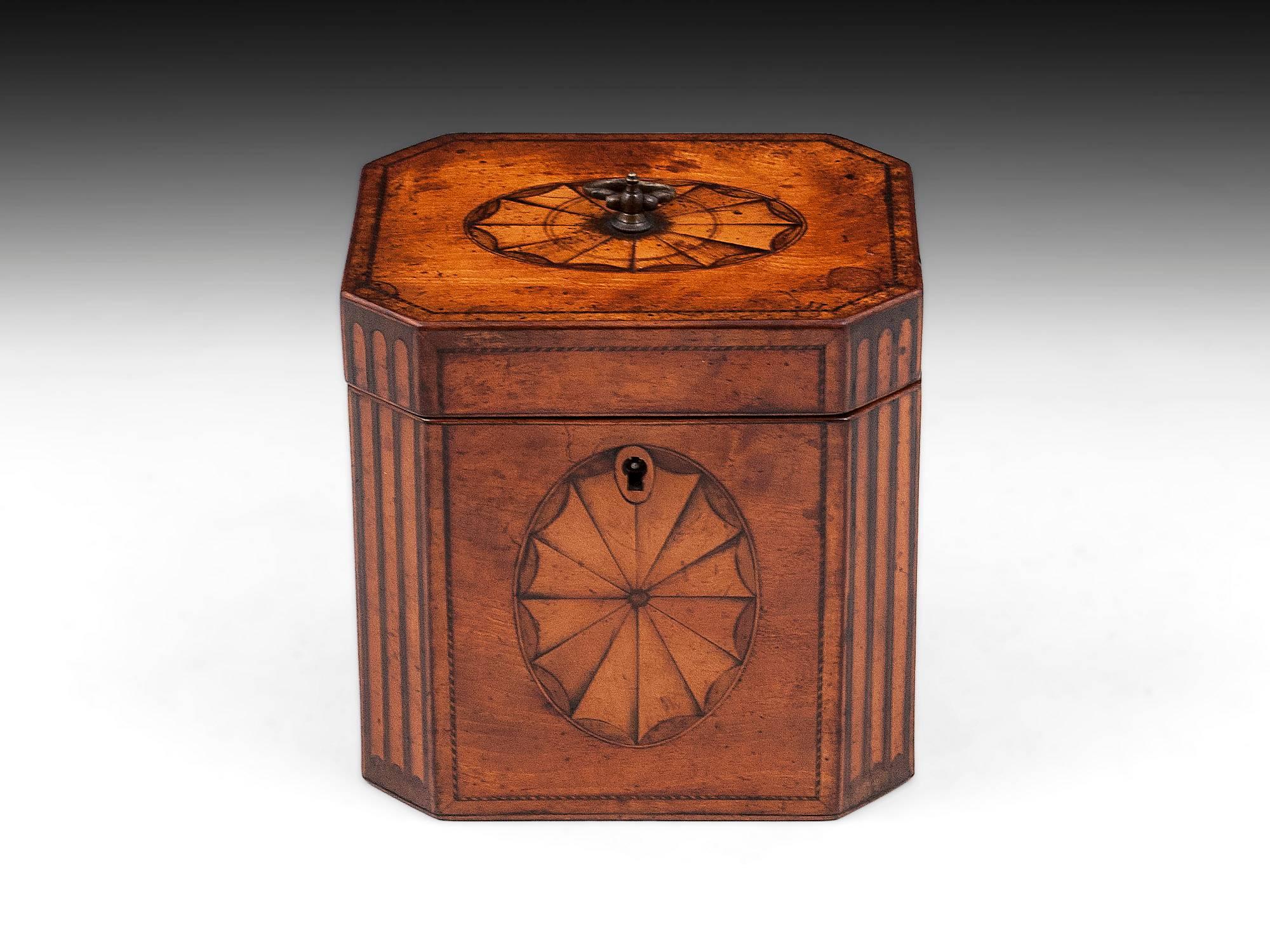 Beautiful satinwood tea caddy with fluted cants and oval fan inlays to the front and top and chequered stringing. Has wonderful untouched patination.

The interior features a single floating lid with a brass handle, and has traces of its original