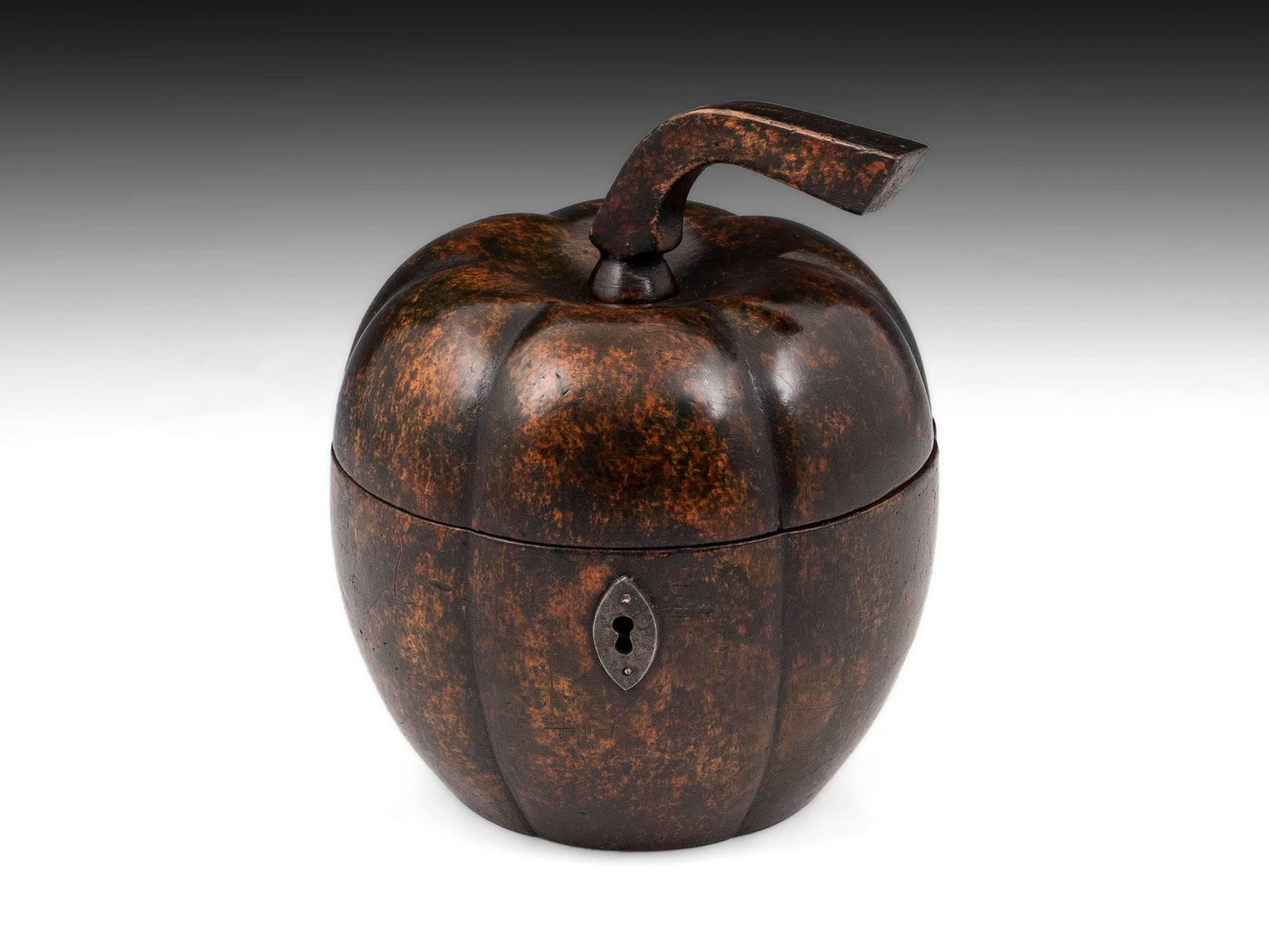 (This tea caddy is currently on display at  “A Tea Journey: from Mountain to the Table” at Compton Verney until the 22nd september.)
Extremely rare squash tea caddy with a beautiful dark mottled color, lovely patination, and has a wonderful original