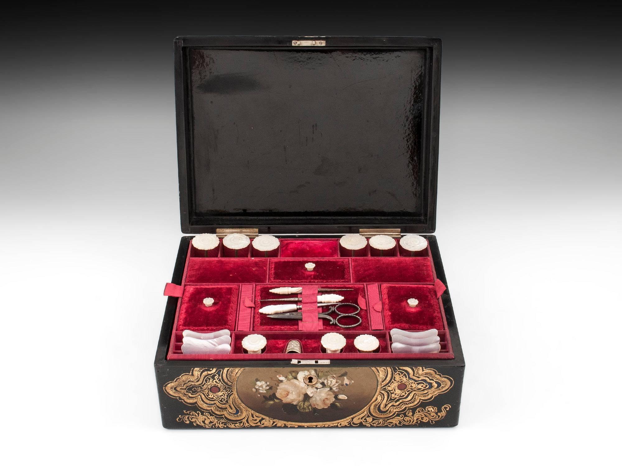 Great Britain (UK) Antique Victorian Papier Mache Painted Sewing Box For Sale