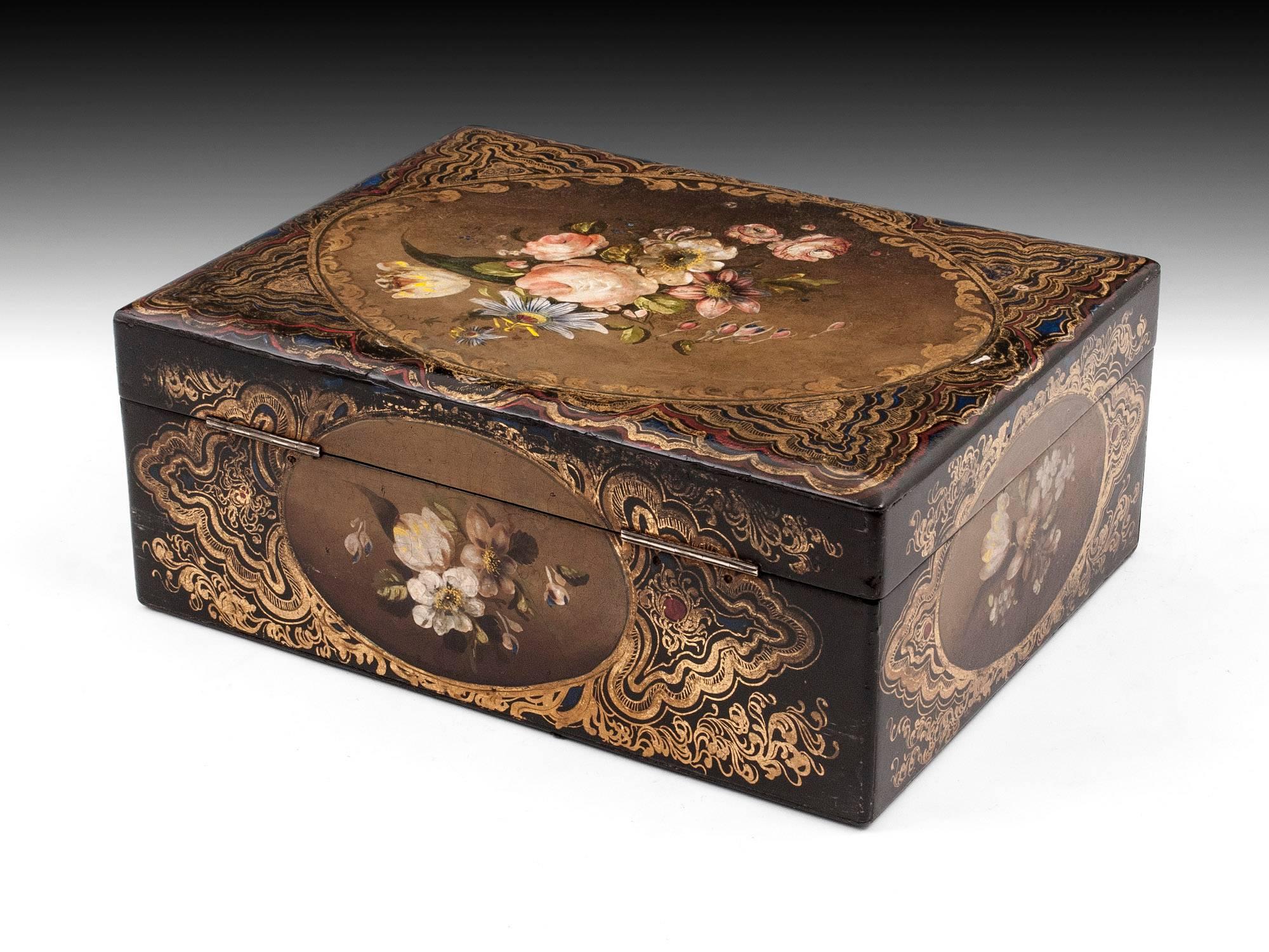 antique papier mache sewing box on stand