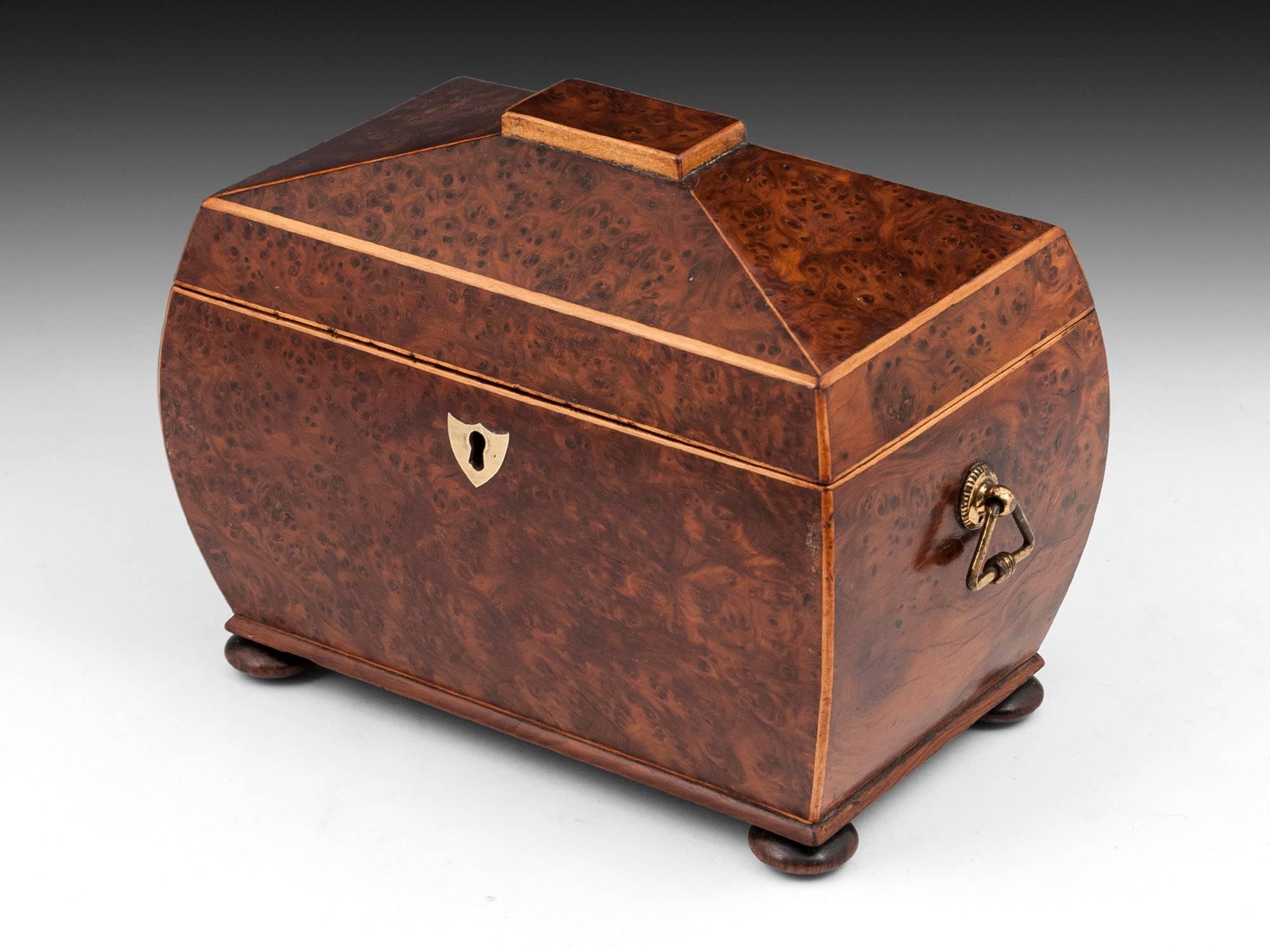 British Antique Regency Bombe Shaped Burr Yew Tea Caddy For Sale