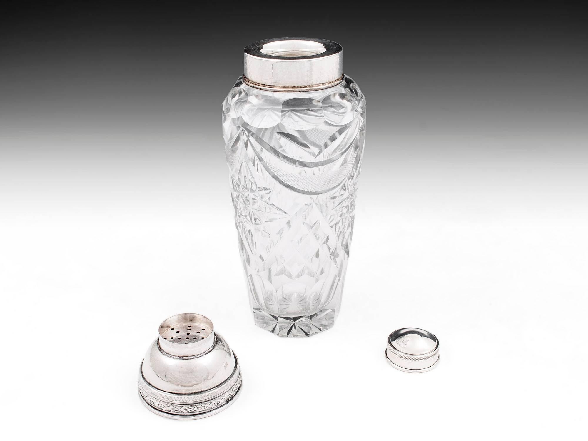 Silver-plate Cut Crystal Glass Cocktail Shaker In Good Condition In Northampton, United Kingdom