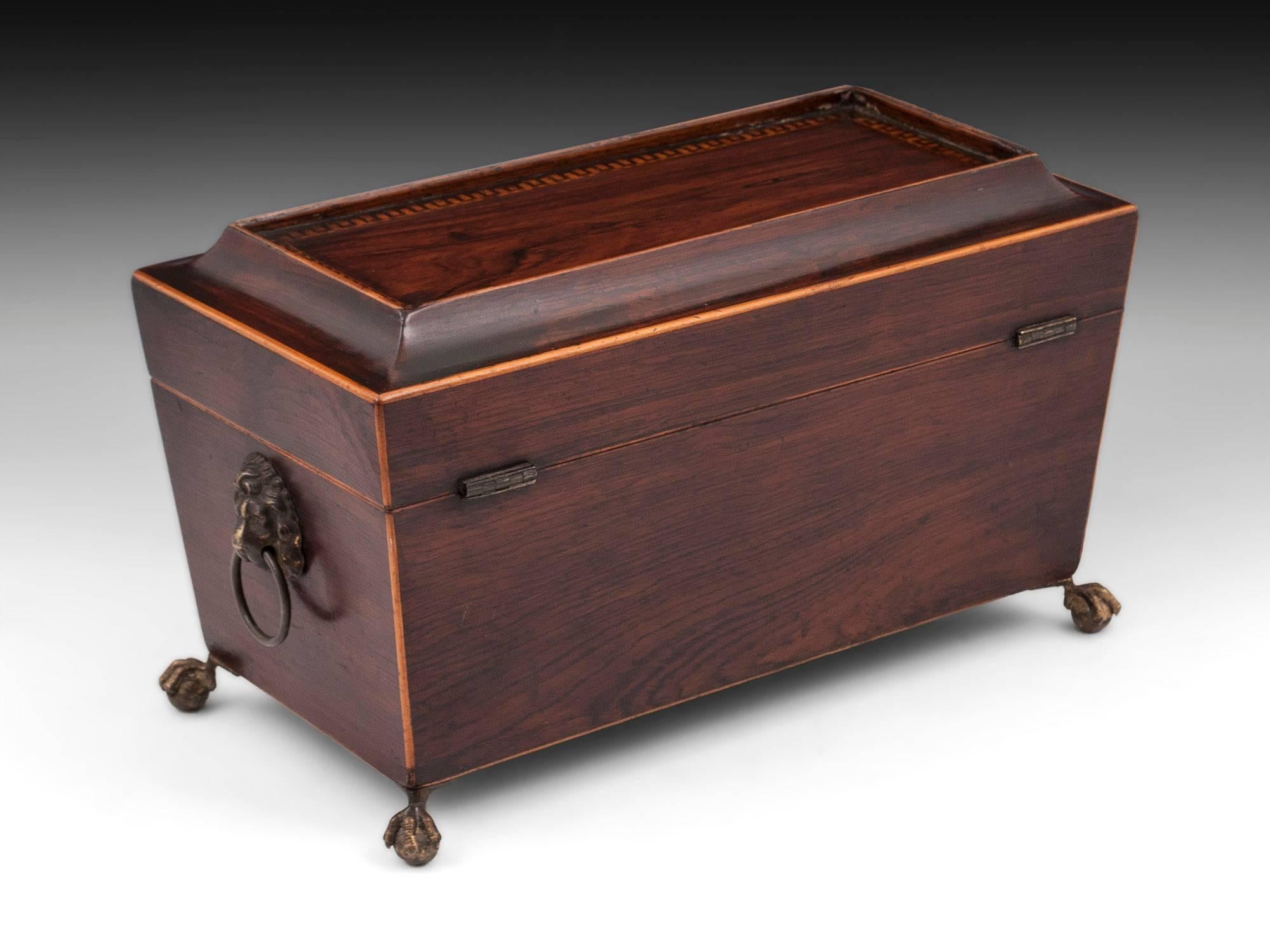 Antique Regency Flame Mahogany Tea Caddy with Greek Key Banding In Good Condition In Northampton, United Kingdom