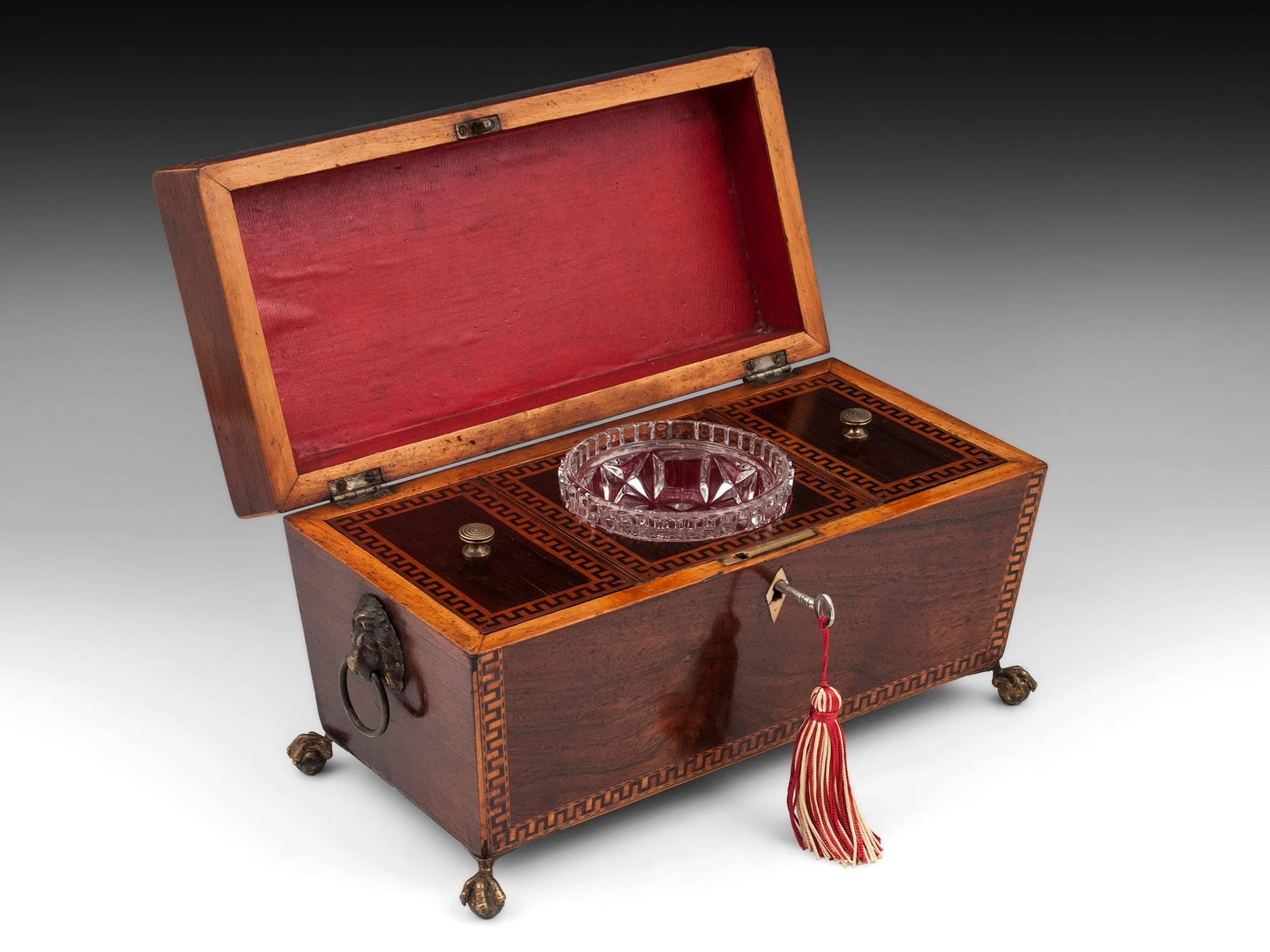 Antique Regency Flame Mahogany Tea Caddy with Greek Key Banding 4