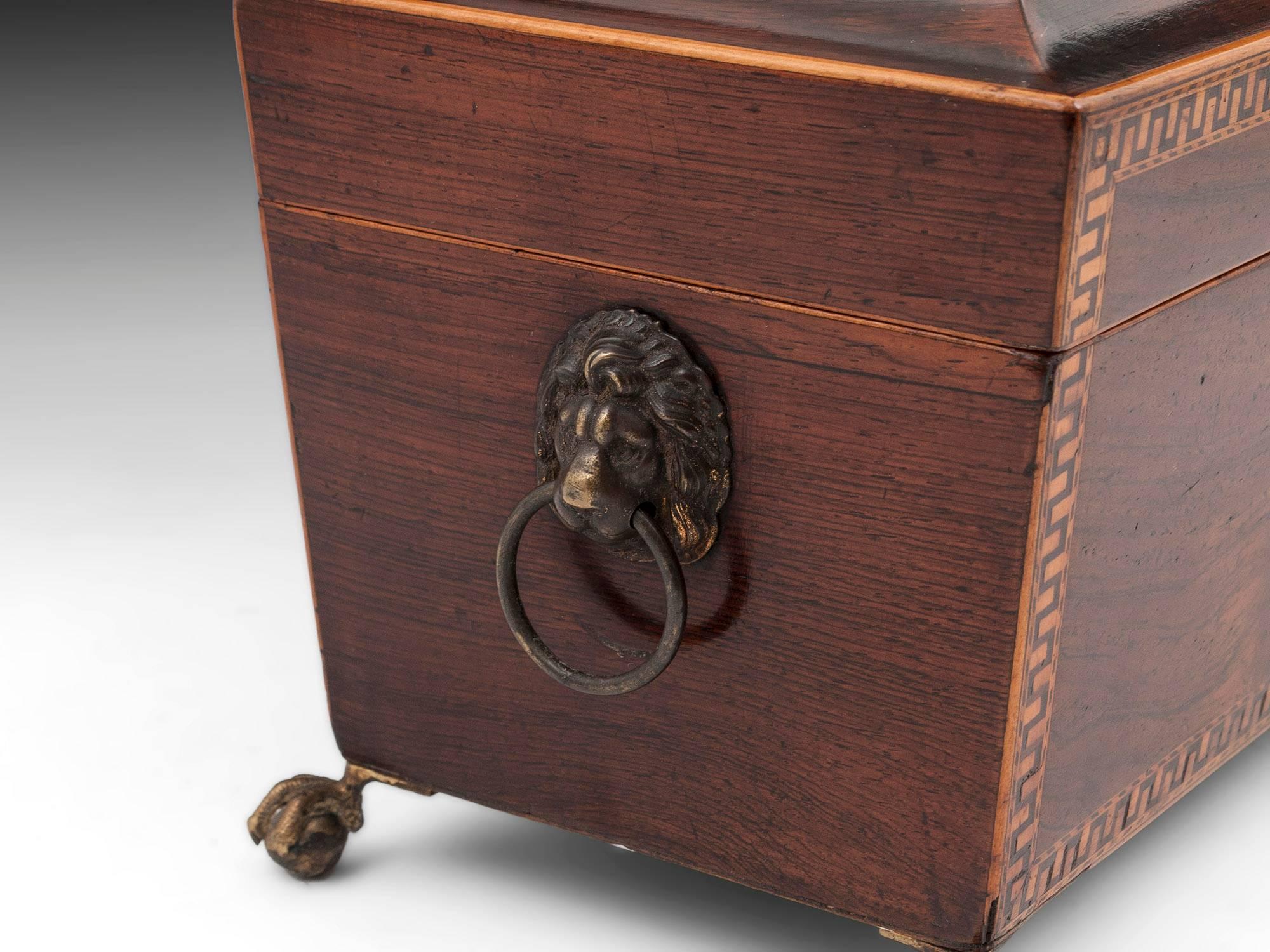 Brass Antique Regency Flame Mahogany Tea Caddy with Greek Key Banding