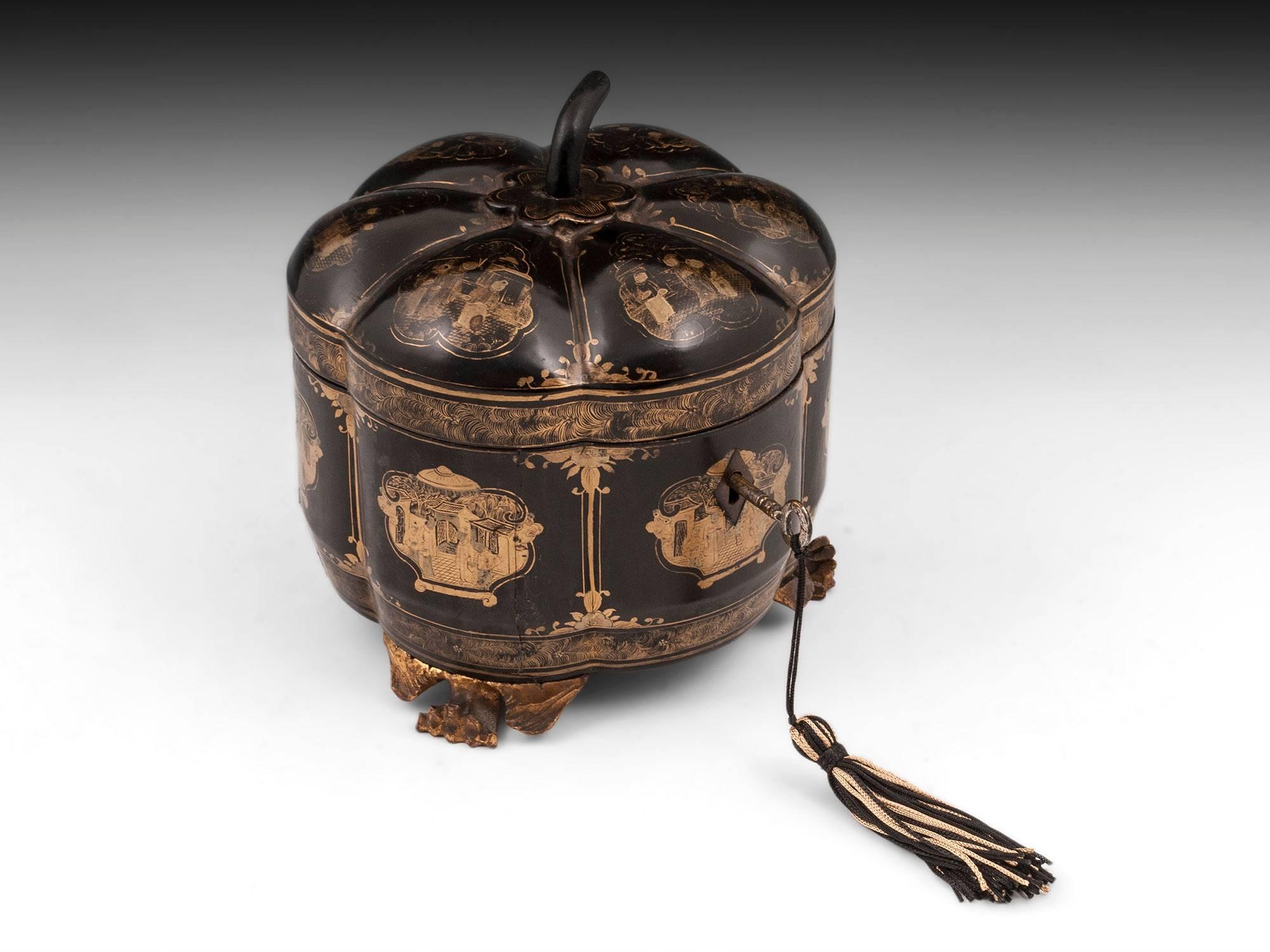 Chinese Lacquer Melon Shaped Tea Chest Tea Caddy 1