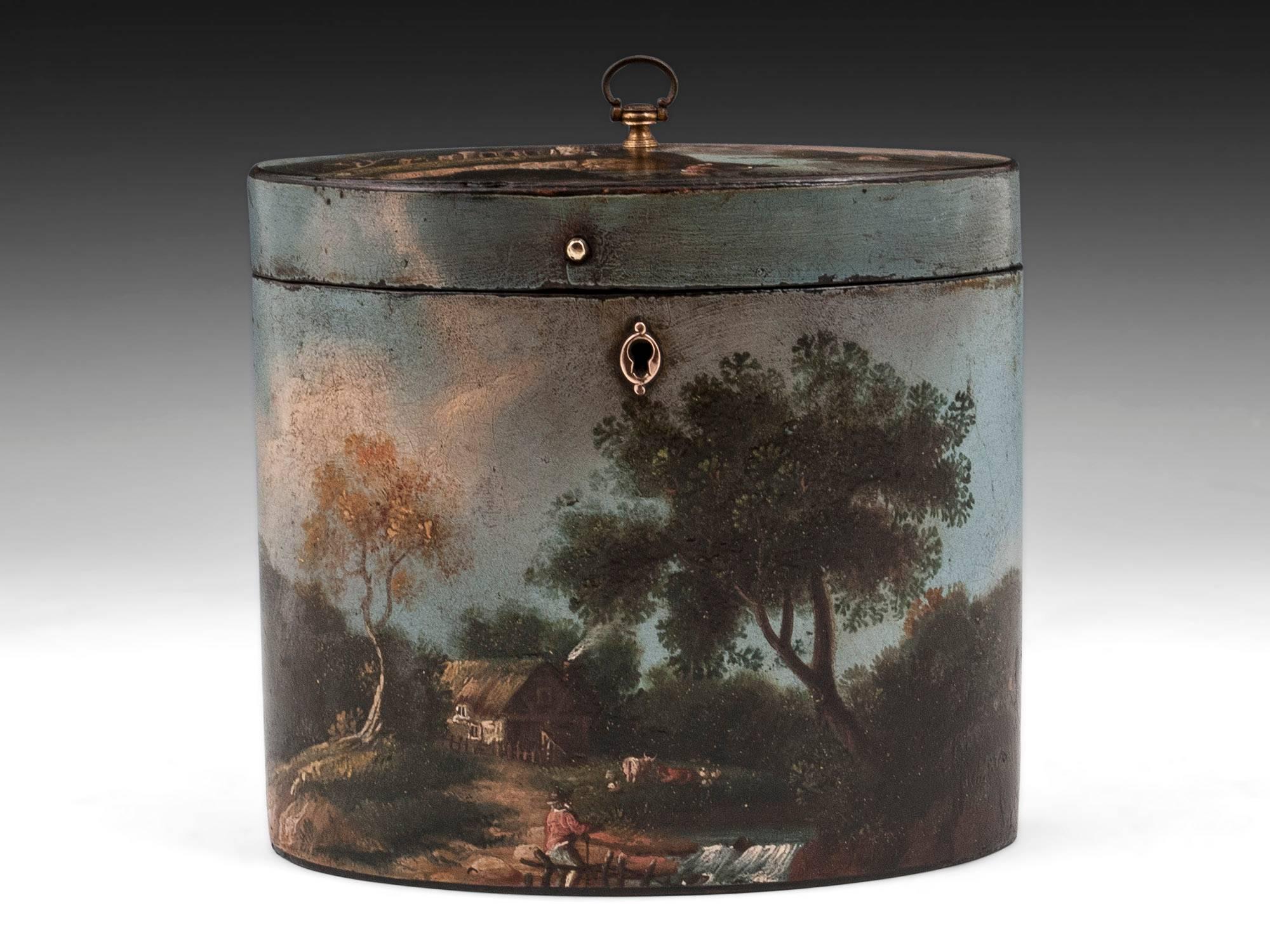 (This tea caddy is currently on display at  “A Tea Journey: from Mountain to the Table” at Compton Verney until the 22nd september.)
A beautifully painted papier mache Tea Caddy by Henry Clay. Decorated with quaint rural scenes. Scenes of a farmer