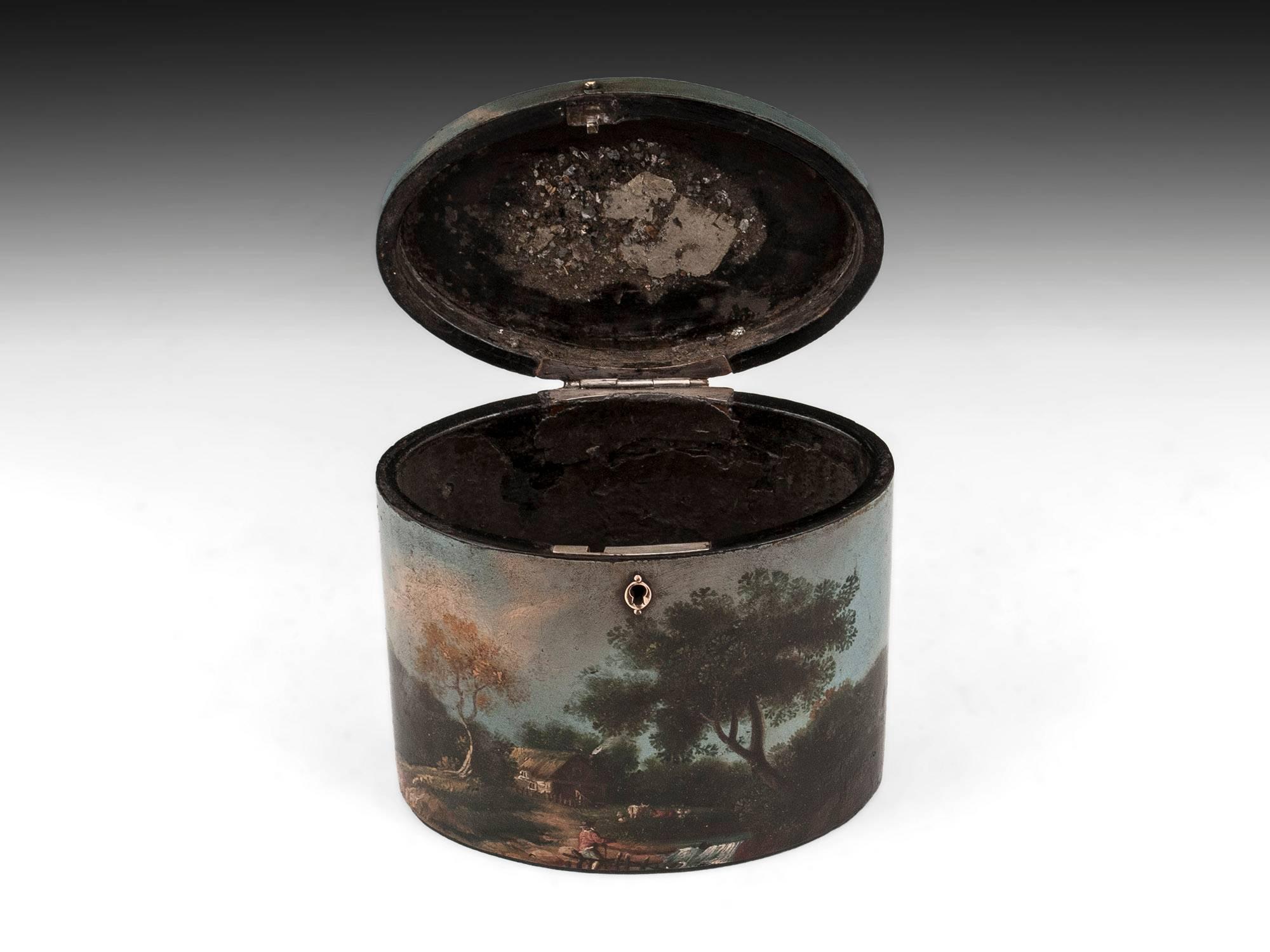 18th Century and Earlier Henry Clay Papier Mache Painted Oval Tea Caddy