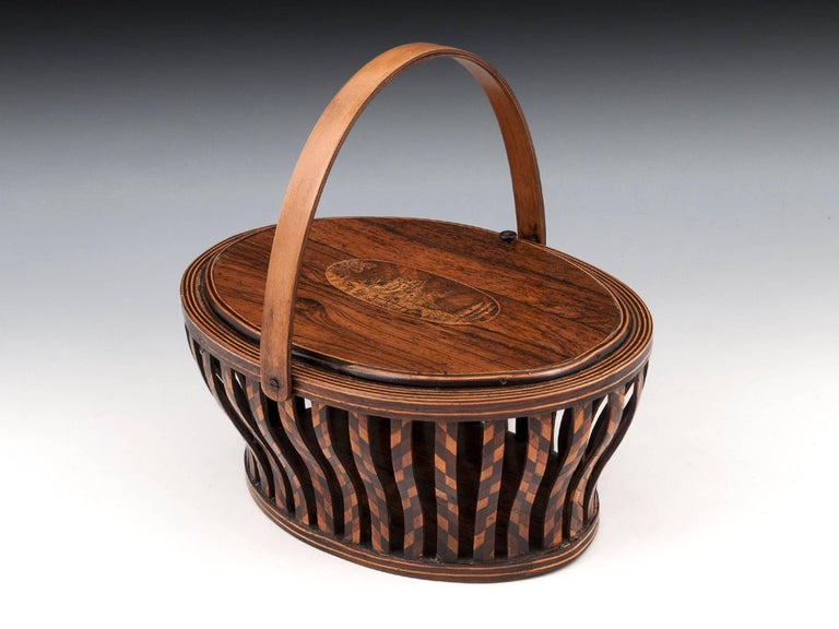 Antique Sewing Basket with shaped Sycamore Handle For Sale at 1stDibs