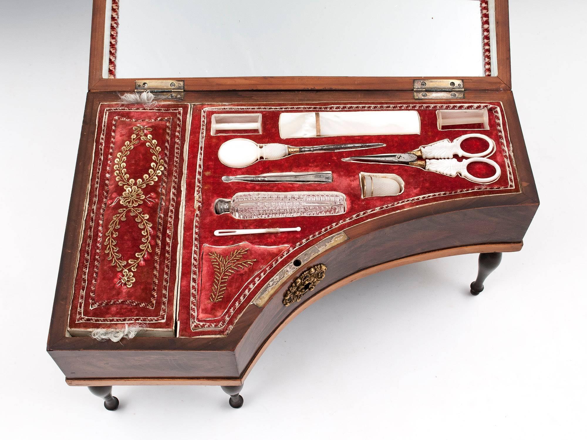 Antique French Palais Royal Mahogany Sewing Box 1