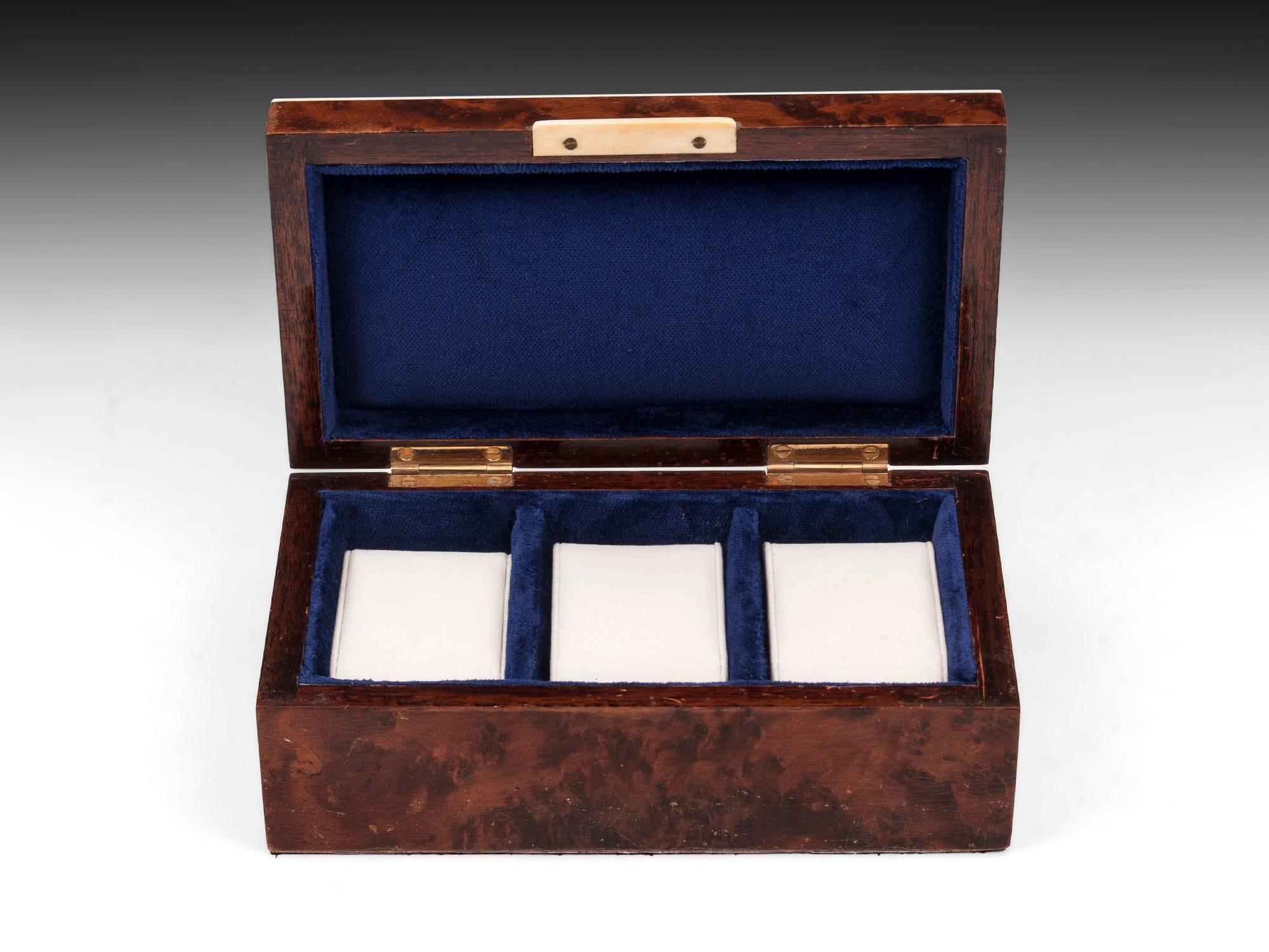 Wood Art Deco Thuya and Faux Ivory Edged Velvet Lined Watch Box, circa 1930