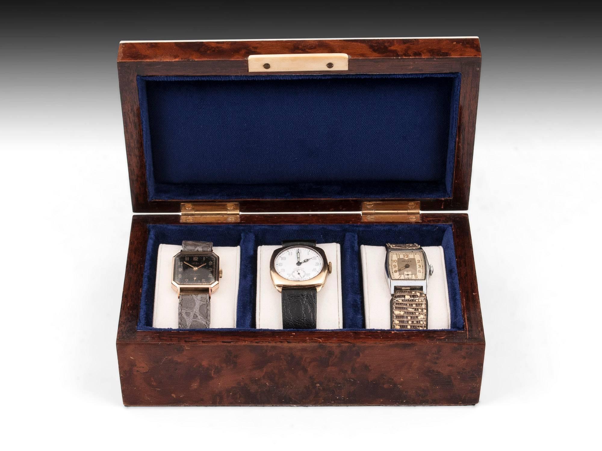Art Deco Thuya and Faux Ivory Edged Velvet Lined Watch Box, circa 1930 2