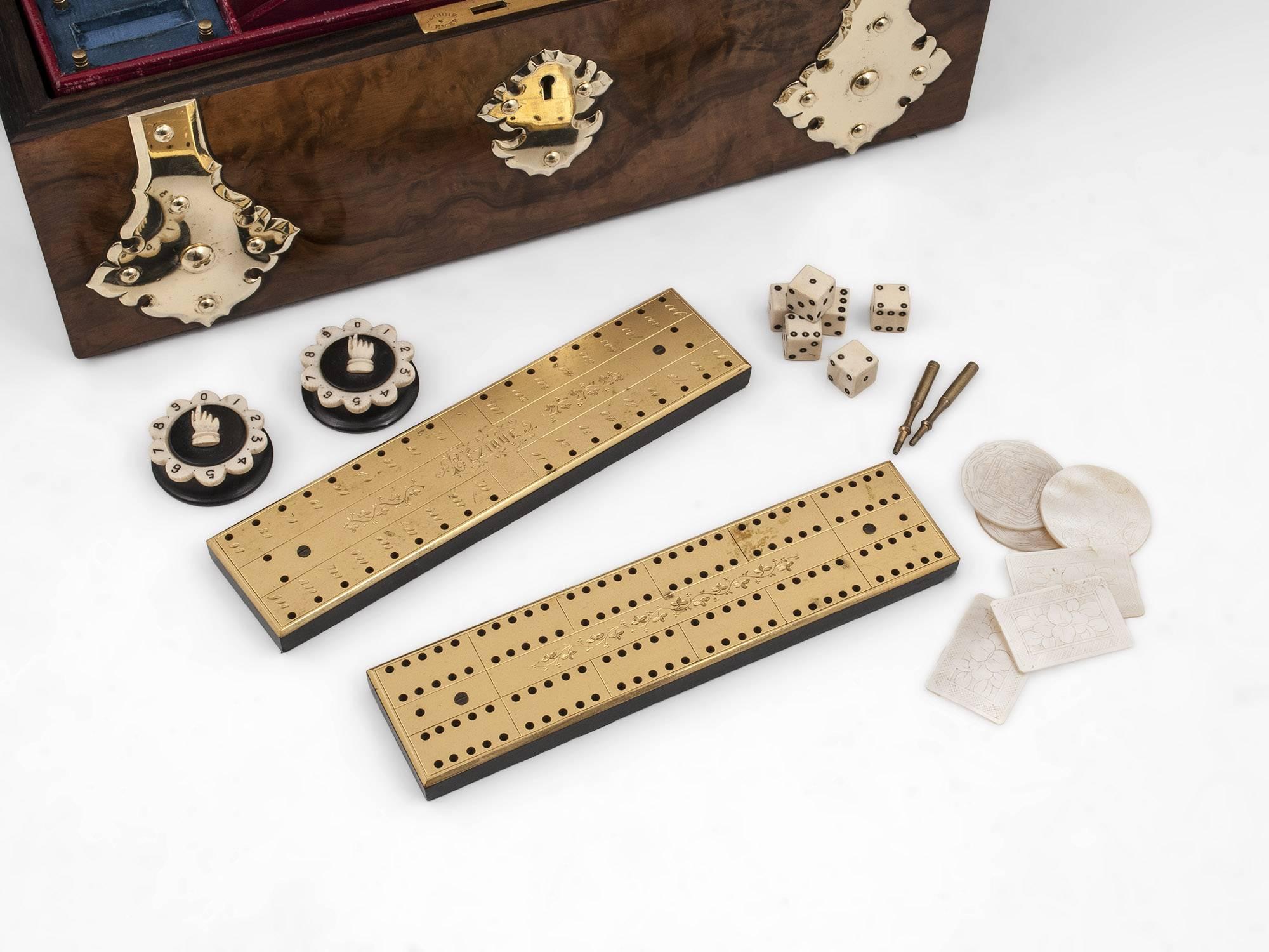 Antique Backgammon Chess Games Compendium Poker Box with Ornate Brasswork For Sale 3