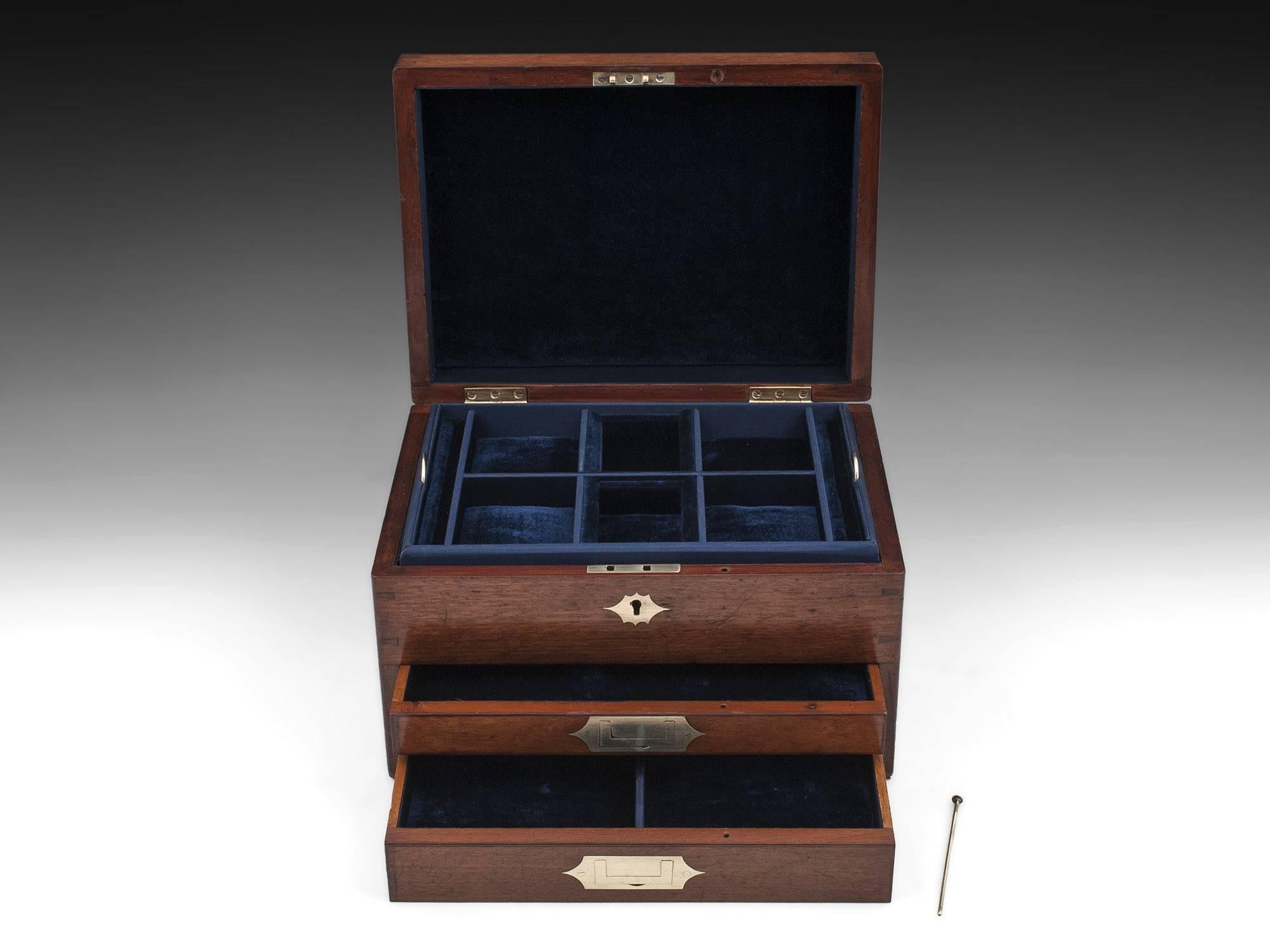 British Antique Mahogany Jewelry Box with Velvet Lined Interior, 19th Century