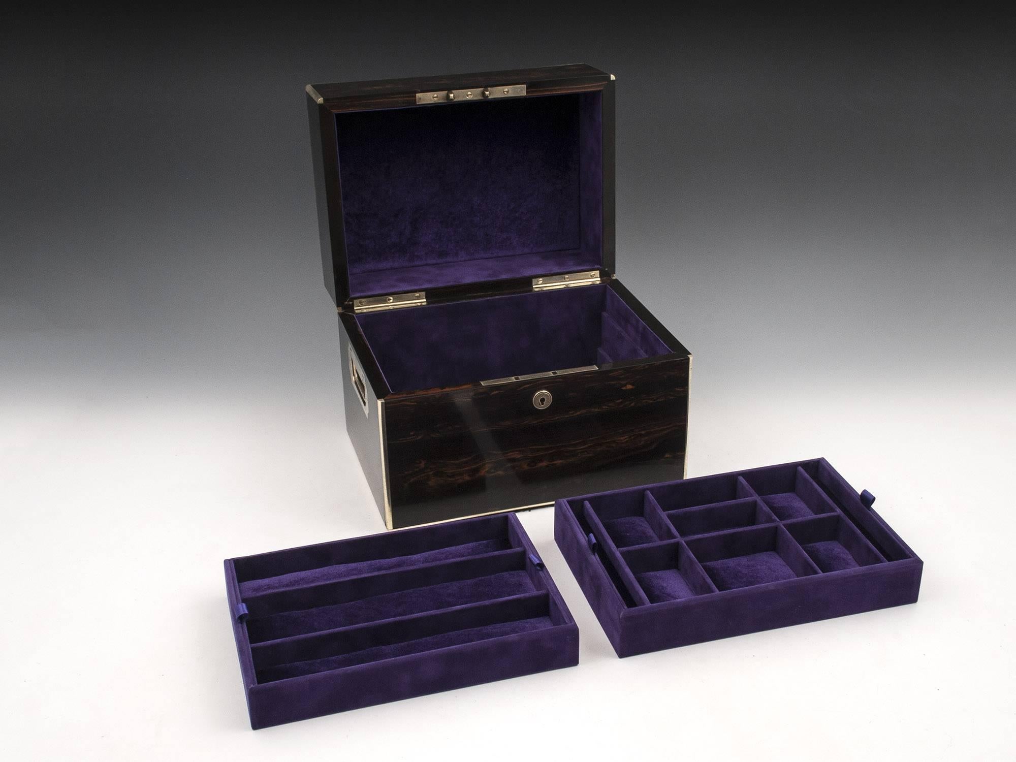 Antique Brass Bound Coromandel Velvet Lined Jewellery Box, 19th Century 4