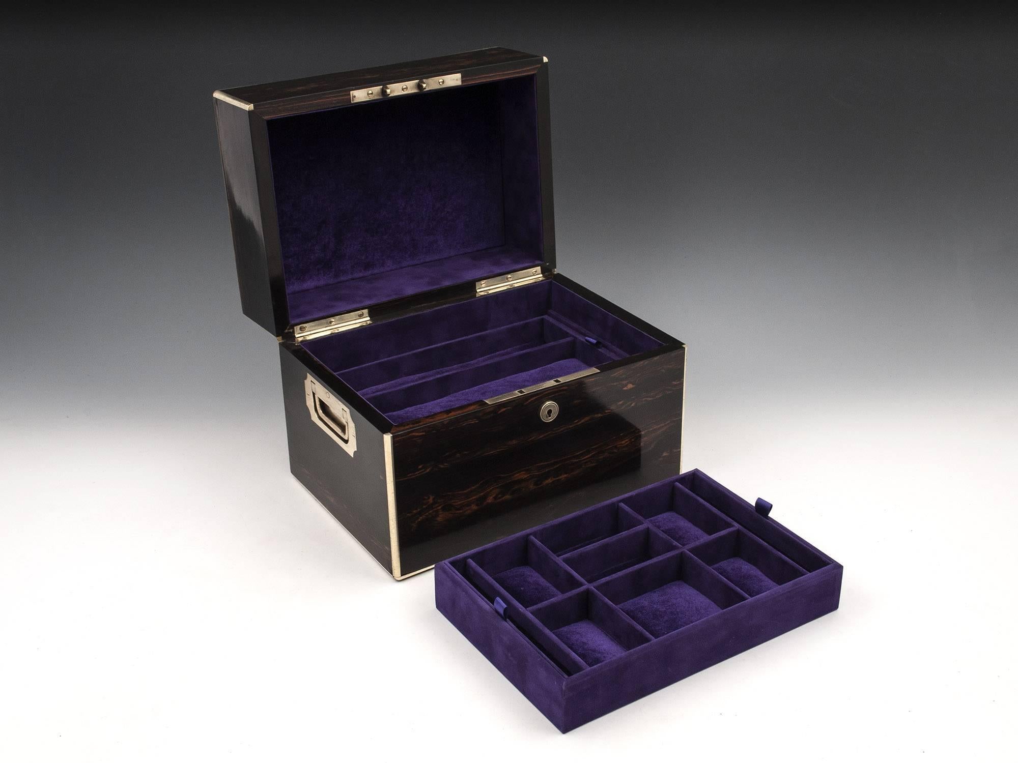 Antique Brass Bound Coromandel Velvet Lined Jewellery Box, 19th Century 3