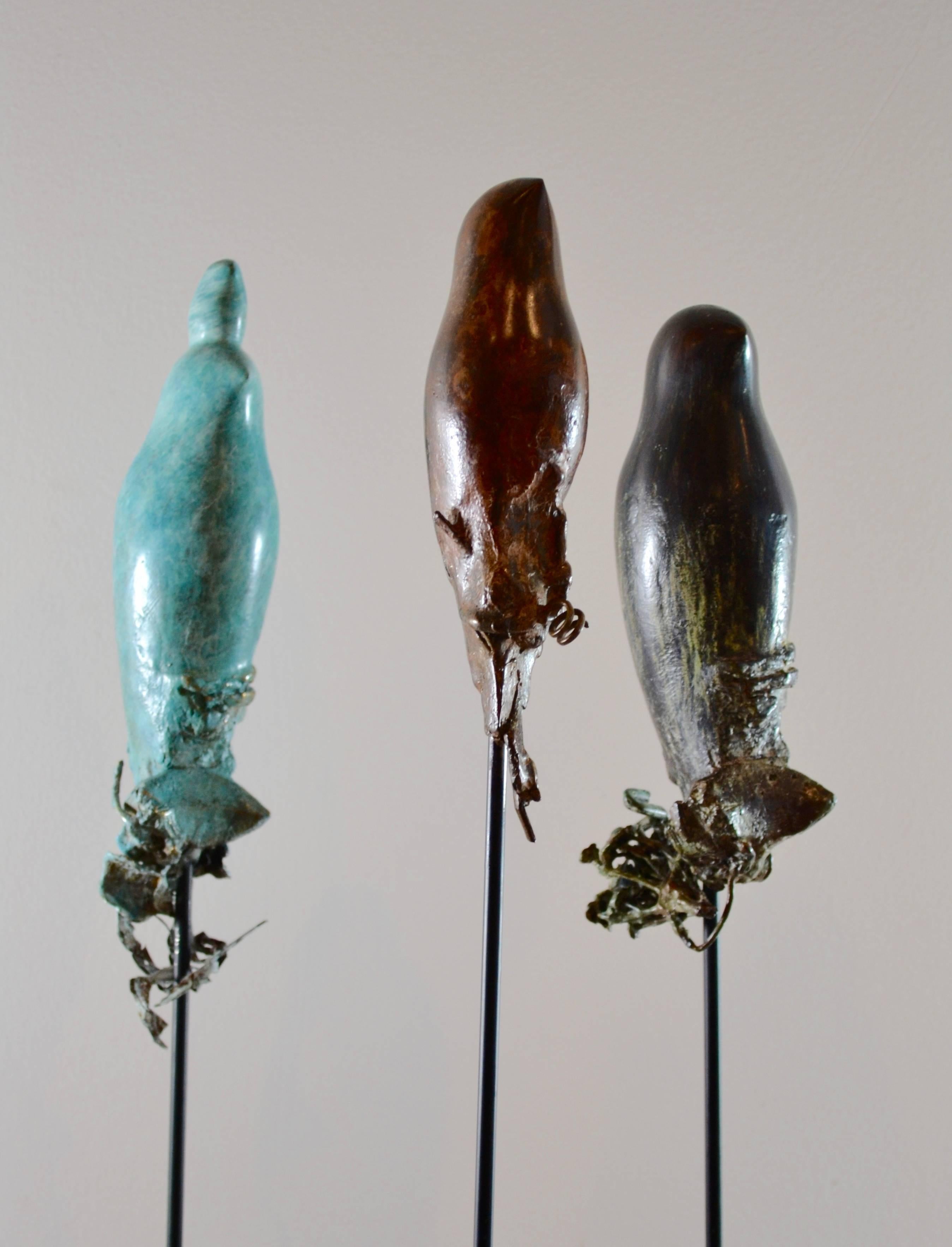 Suspended birds mounted on steel rods. Highly finished bronze sculptures with a variety of patinas. Each one of a kind bird is handcrafted by the artist, Sharon Wandel, elected to the national academy of design NYC, 1994. Each bird is mounted on a