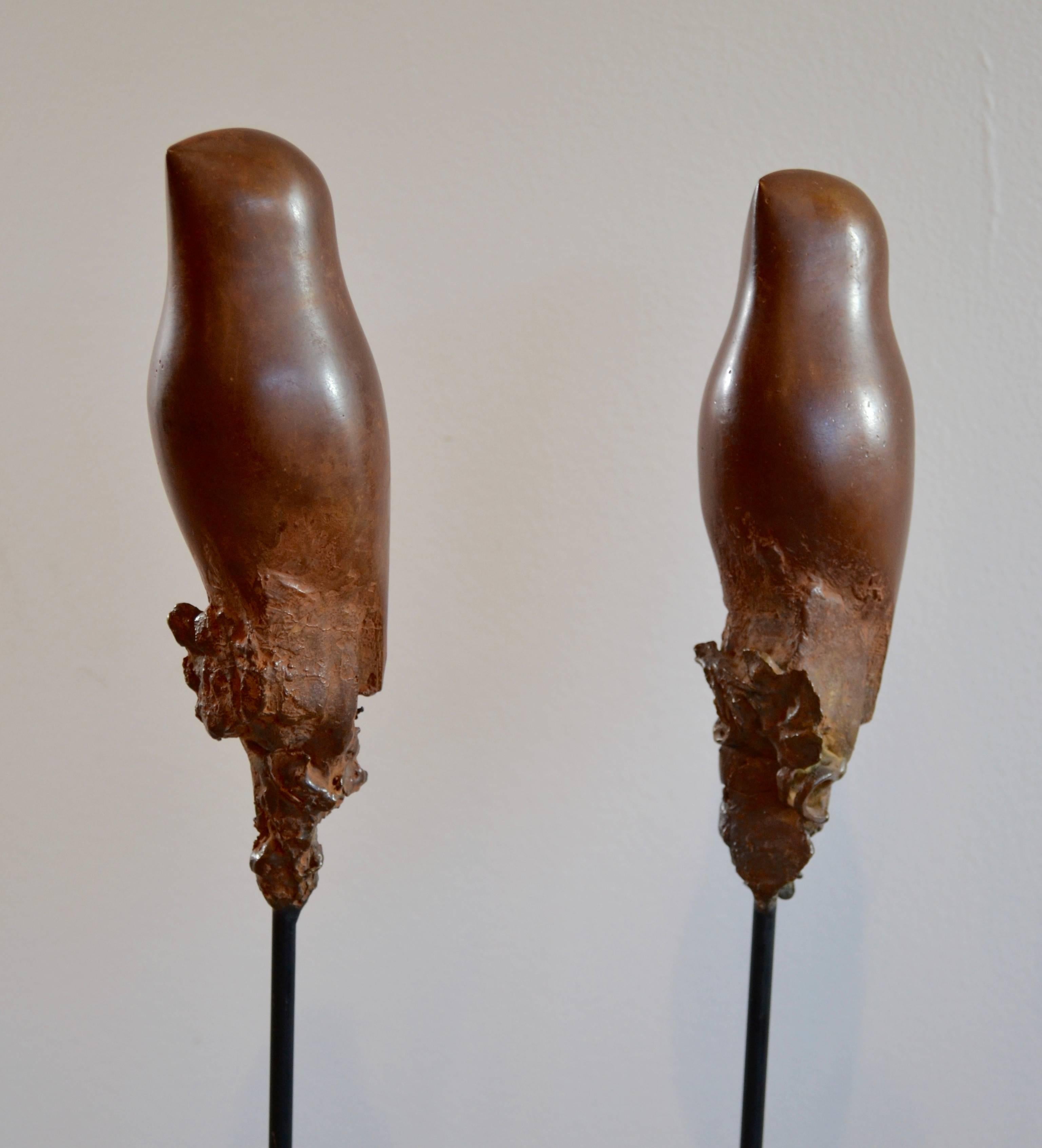 Pair of suspended bronze birds mounted on steel rods. Highly finished bronze with a beautiful patina. Each bird is hand-crafted by the artist, Sharon Wandel, elected member of the National Academy of Design NYC, 1994. Please note the size of the