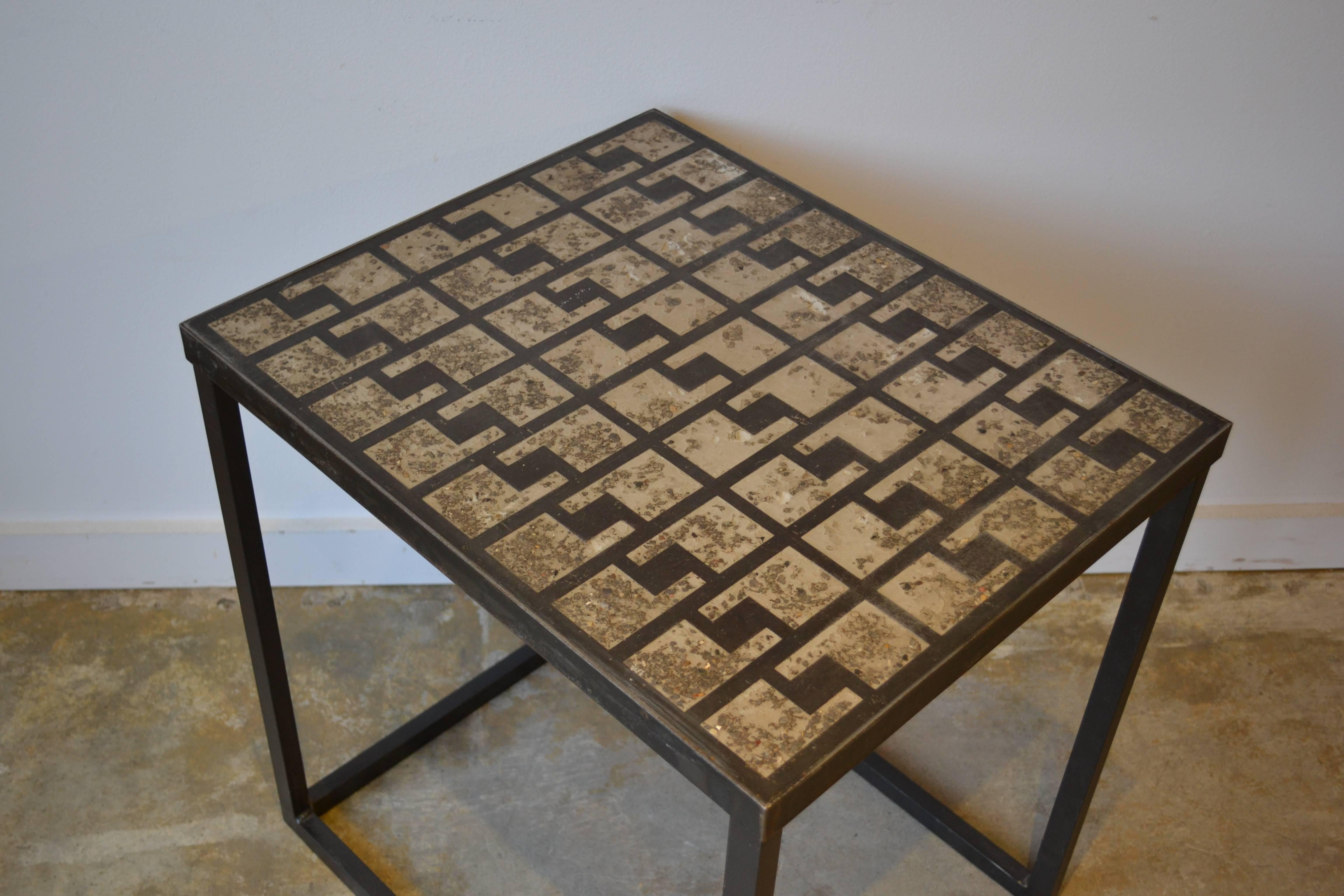 Very cool Industrial key pattern concrete top and Iron side table, great patina.
