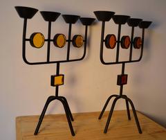 Pair of Erik Hoglund Iron and Art Glass Candlesticks, Mid-Century, Sweden, 1960s